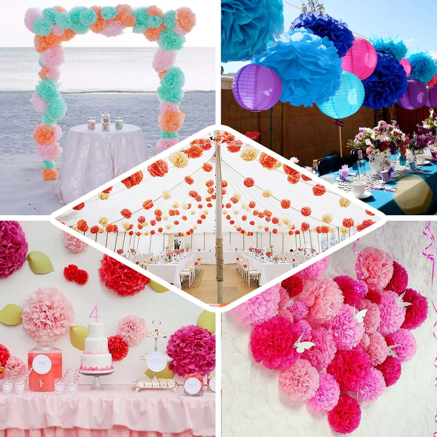 6 Pack 10" White Tissue Paper Pom Poms Flower Balls, Ceiling Wall Hanging Decorations - Linen Luxes