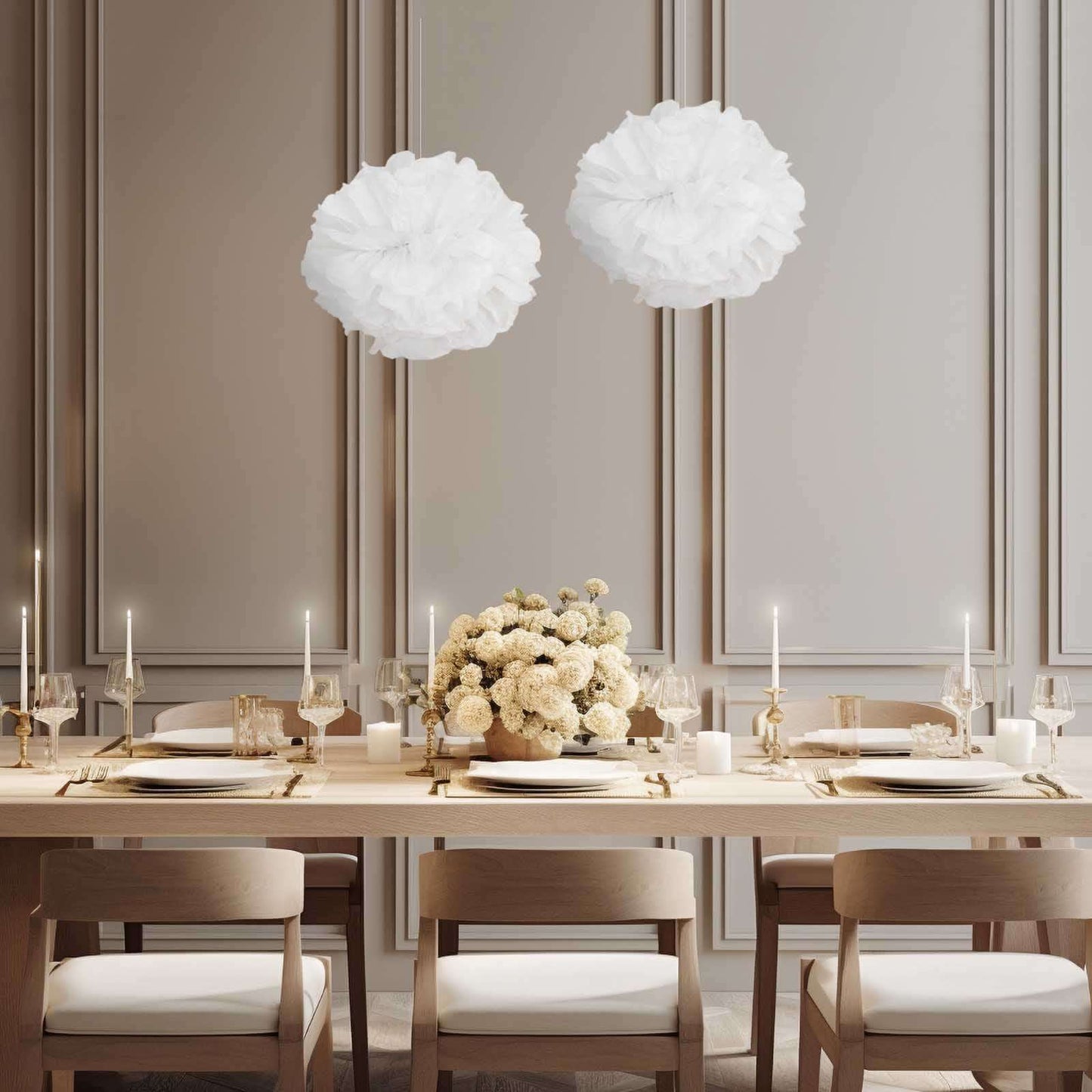 6 Pack 12" White Tissue Paper Pom Poms Flower Balls, Ceiling Wall Hanging Decorations - Linen Luxes