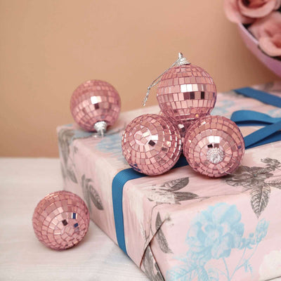 6 Pack 2" Rose Gold Foam Disco Mirror Ball With Hanging Strings, Holiday Christmas Ornaments - Linen Luxes