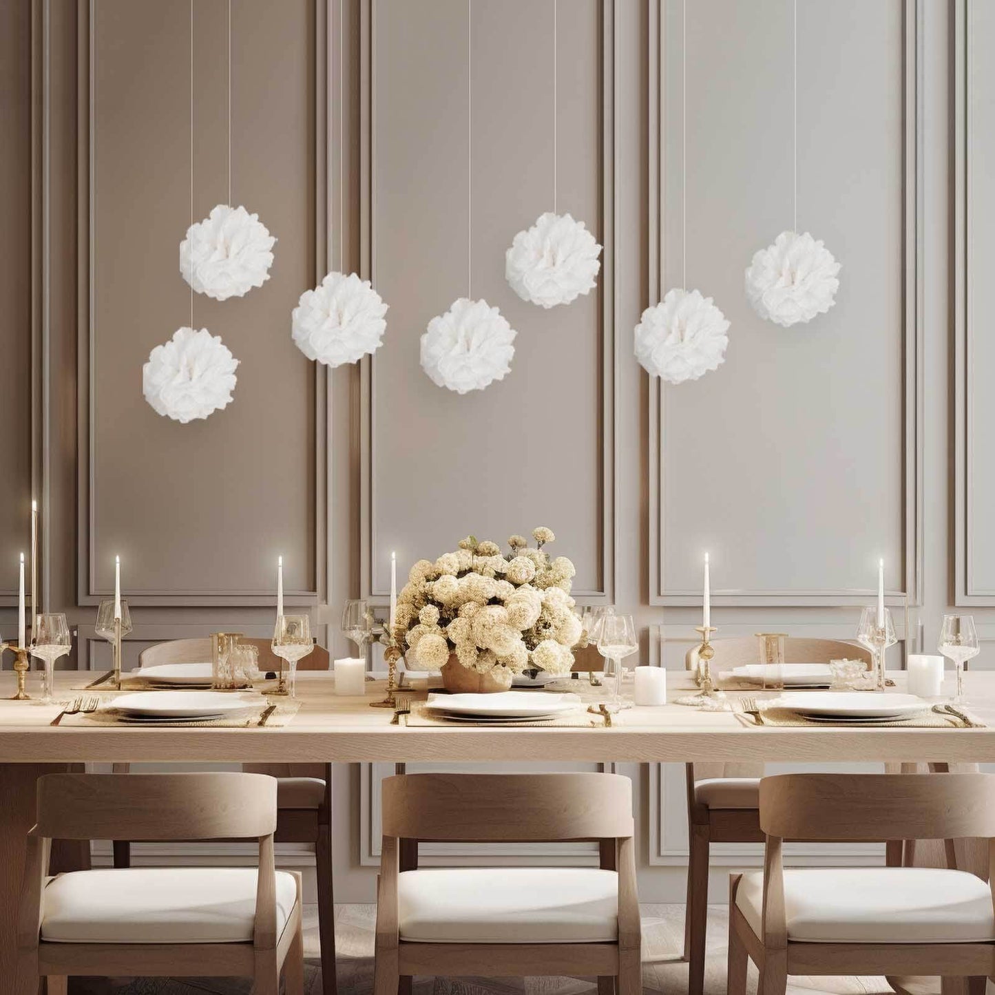 6 Pack 6" White Tissue Paper Pom Poms Flower Balls, Ceiling Wall Hanging Decorations - Linen Luxes