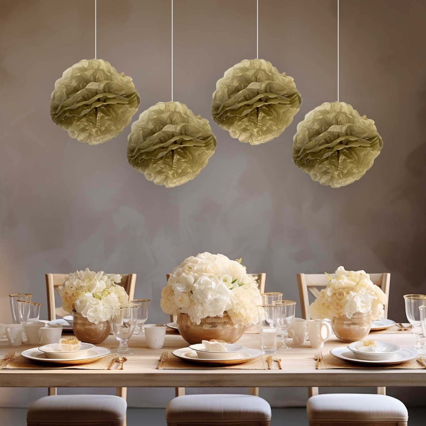 6 Pack 8" Gold Tissue Paper Pom Poms Flower Balls, Ceiling Wall Hanging Decorations - Linen Luxes