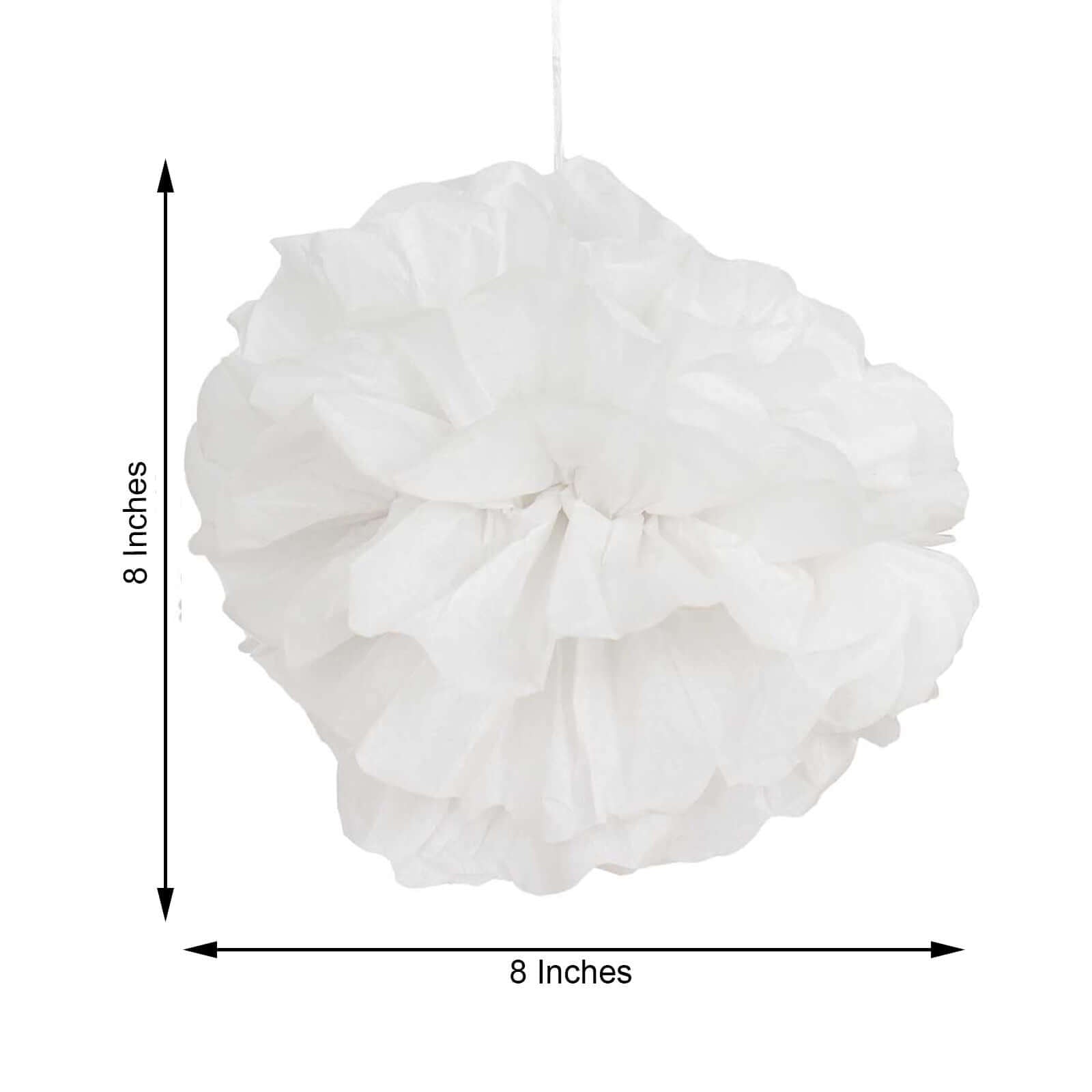 6 Pack 8" White Tissue Paper Pom Poms Flower Balls, Ceiling Wall Hanging Decorations - Linen Luxes