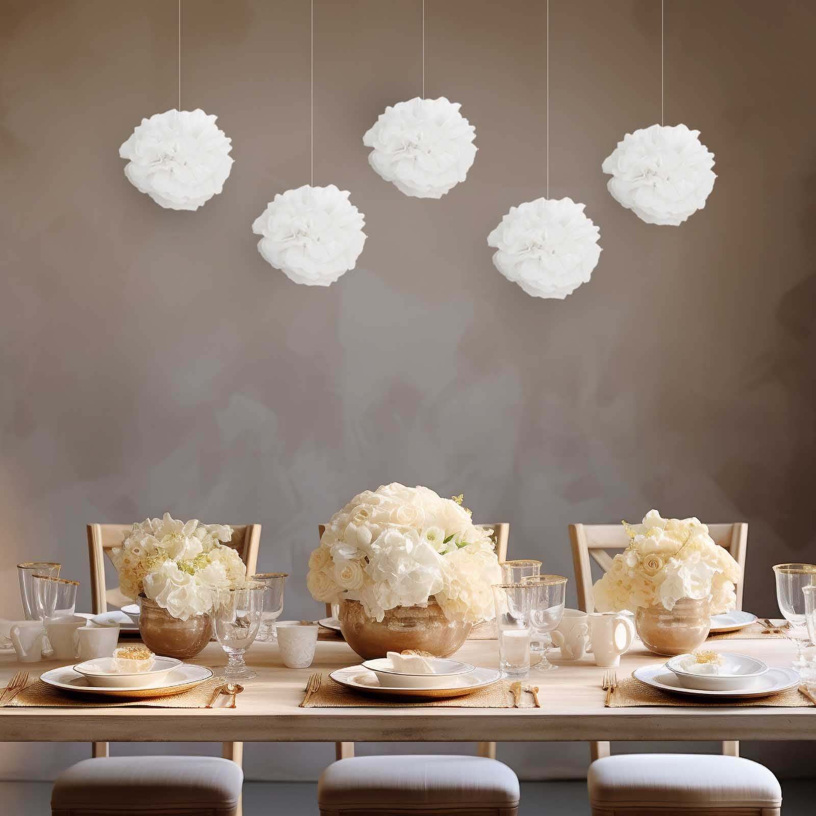 6 Pack 8" White Tissue Paper Pom Poms Flower Balls, Ceiling Wall Hanging Decorations - Linen Luxes