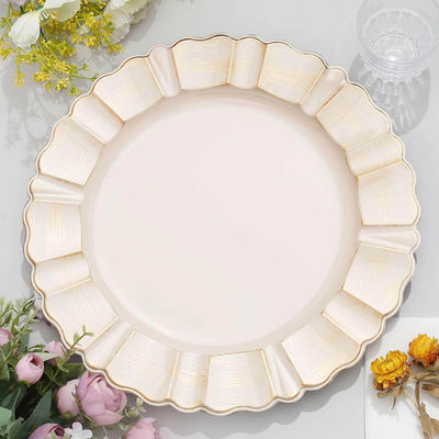 6-Pack Acrylic Plastic Round Charger Plates 13" in Beige with Gold Brushed Wavy Scalloped Rim, Decorative Dinner Party Charger Tableware