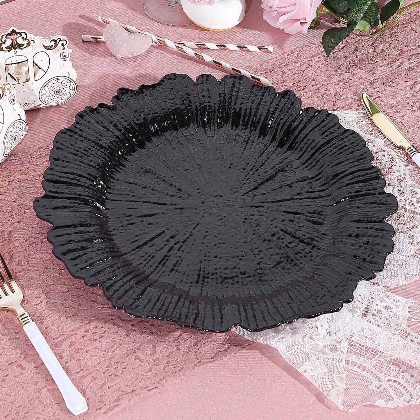 6 - Pack Acrylic Plastic Round Charger Plates 13" in Black with Reef Design, Dinner Charger Tableware - Linen Luxes