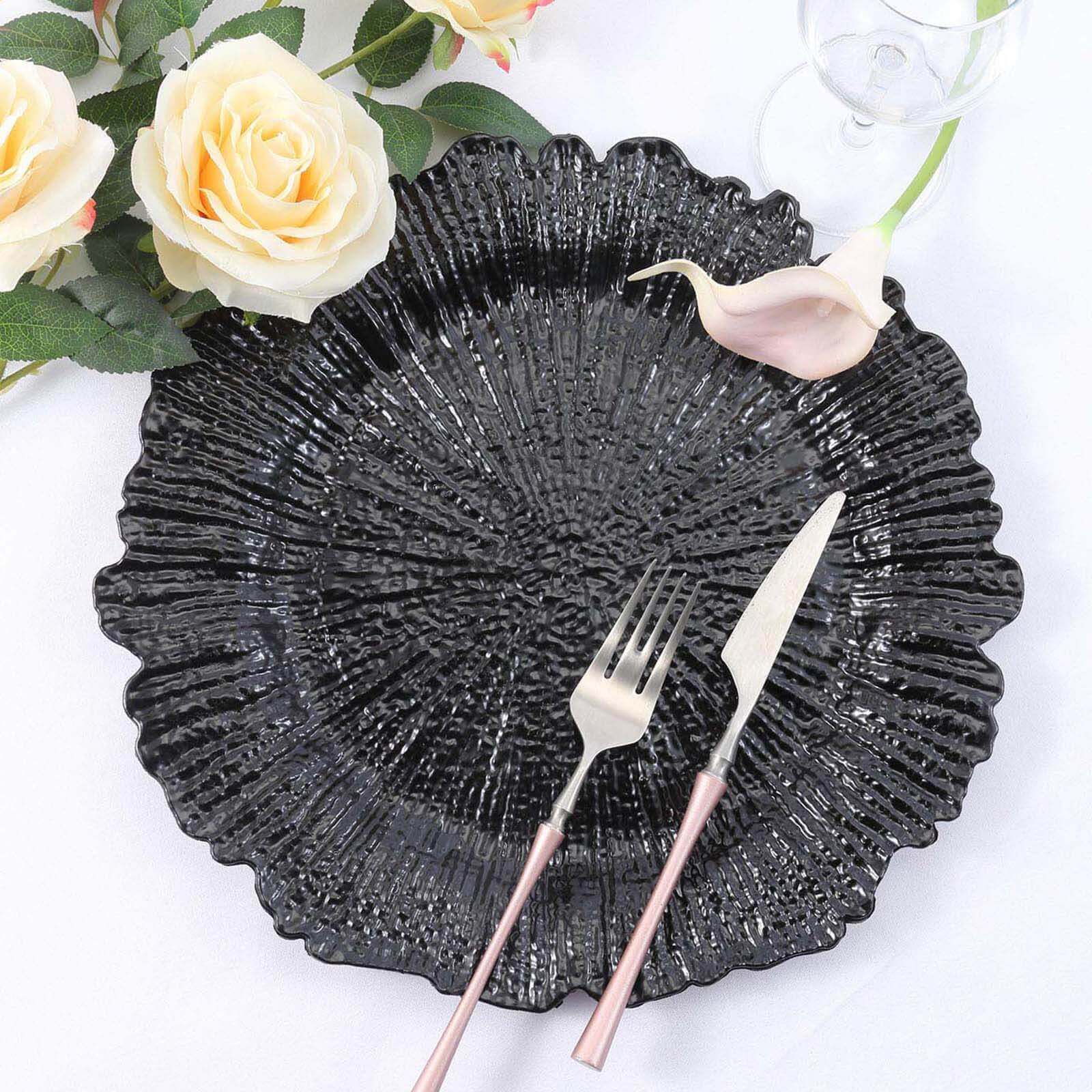 6 - Pack Acrylic Plastic Round Charger Plates 13" in Black with Reef Design, Dinner Charger Tableware - Linen Luxes