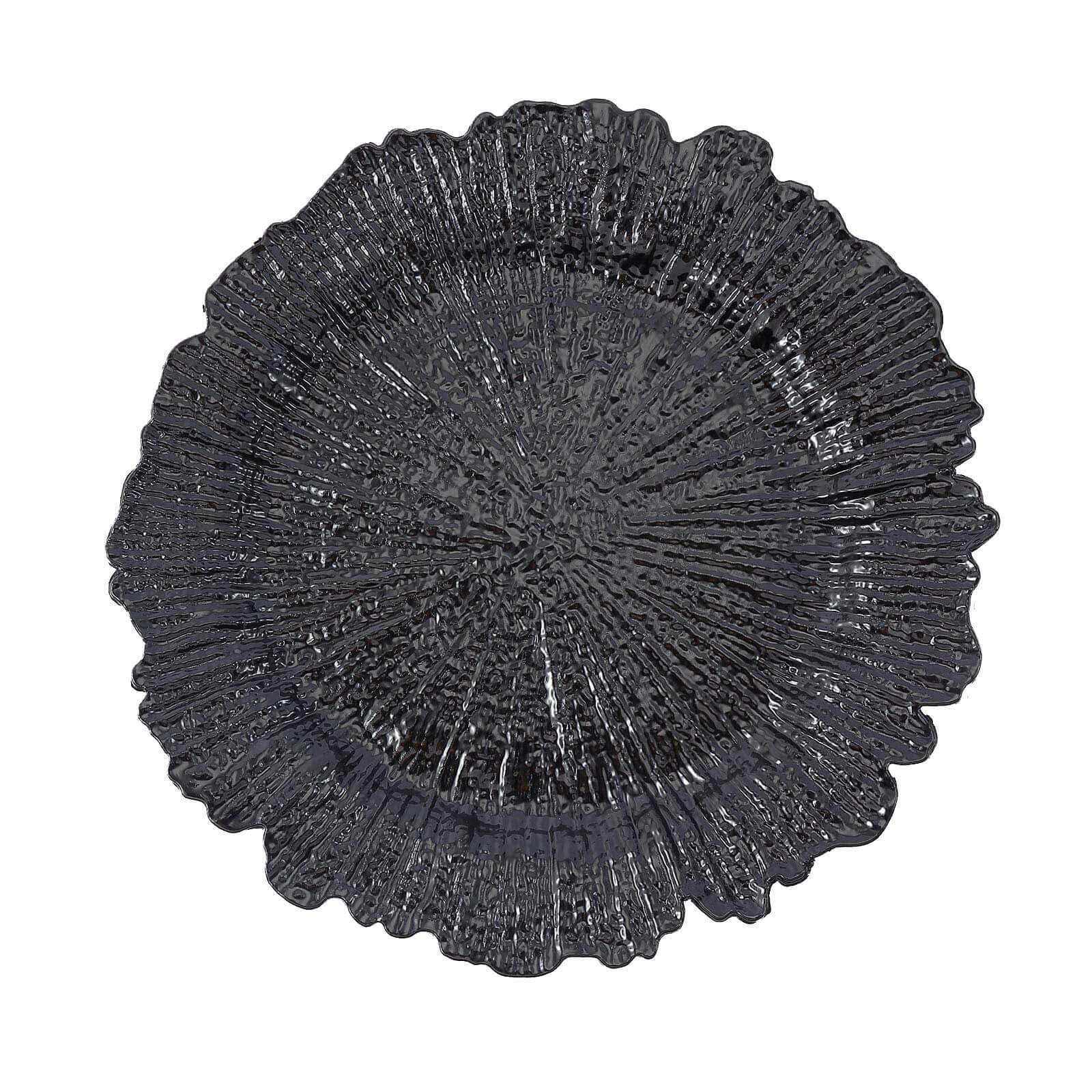 6 - Pack Acrylic Plastic Round Charger Plates 13" in Black with Reef Design, Dinner Charger Tableware - Linen Luxes