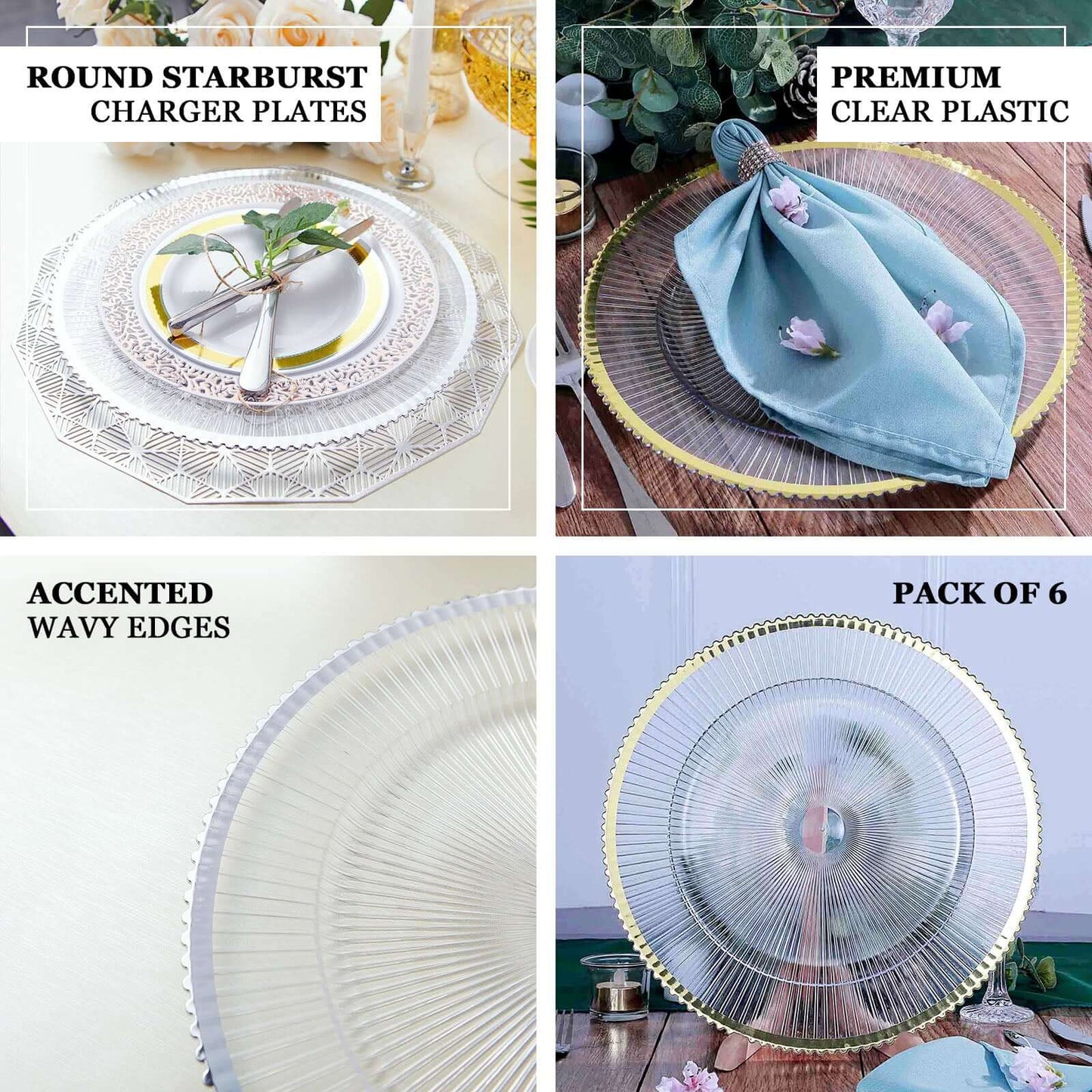 6 - Pack Acrylic Plastic Round Charger Plates 13" in Clear with Gold Sunray Wavy Rim, Exquisite Dinner Serving Plates - Linen Luxes