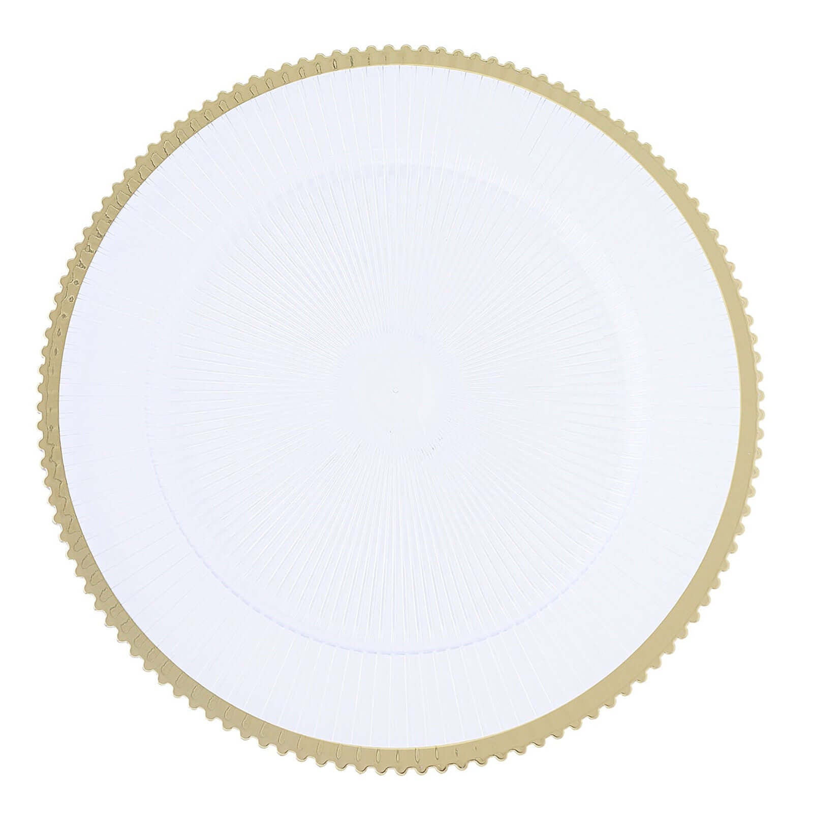 6 - Pack Acrylic Plastic Round Charger Plates 13" in Clear with Gold Sunray Wavy Rim, Exquisite Dinner Serving Plates - Linen Luxes