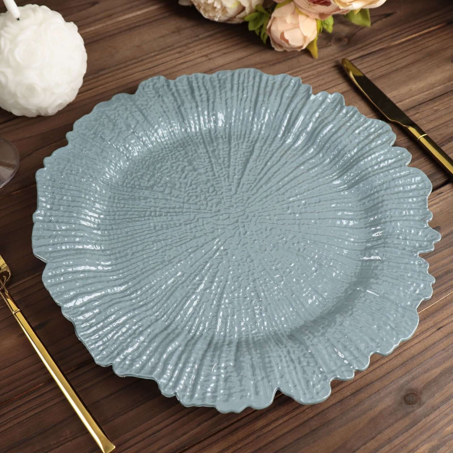 6-Pack Acrylic Plastic Round Charger Plates 13" in Dusty Blue with Reef Design, Dinner Charger Tableware