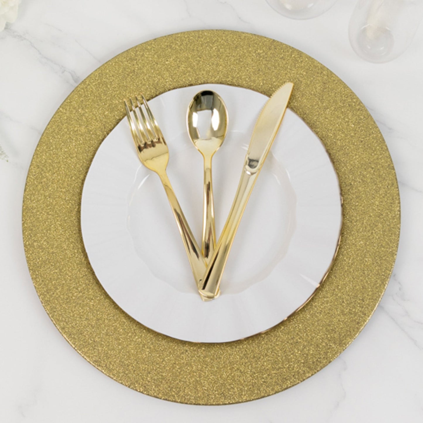 6 - Pack Acrylic Plastic Round Charger Plates 13" in Gold with Dust Free Glitter Finish, Decorative Dinner Party Charger Tableware - Linen Luxes