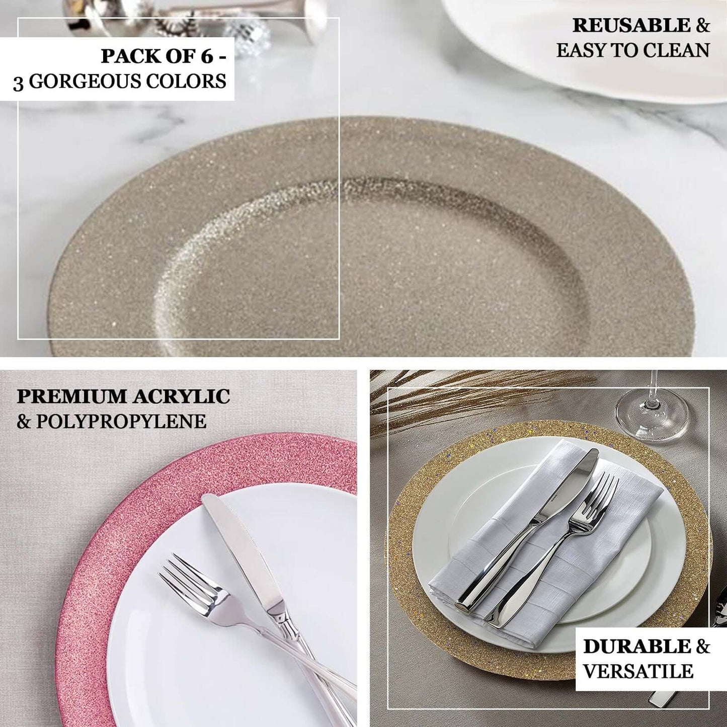 6 - Pack Acrylic Plastic Round Charger Plates 13" in Gold with Dust Free Glitter Finish, Decorative Dinner Party Charger Tableware - Linen Luxes