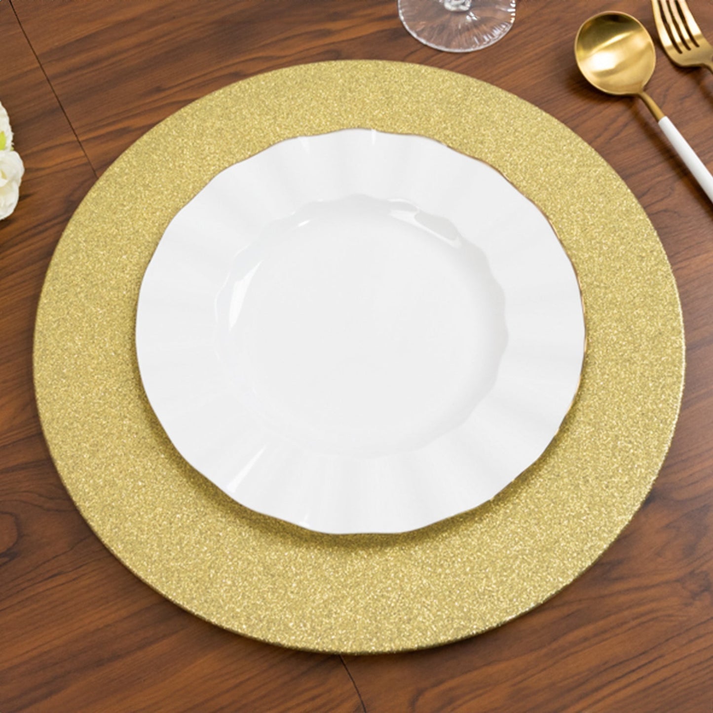 6 - Pack Acrylic Plastic Round Charger Plates 13" in Gold with Dust Free Glitter Finish, Decorative Dinner Party Charger Tableware - Linen Luxes