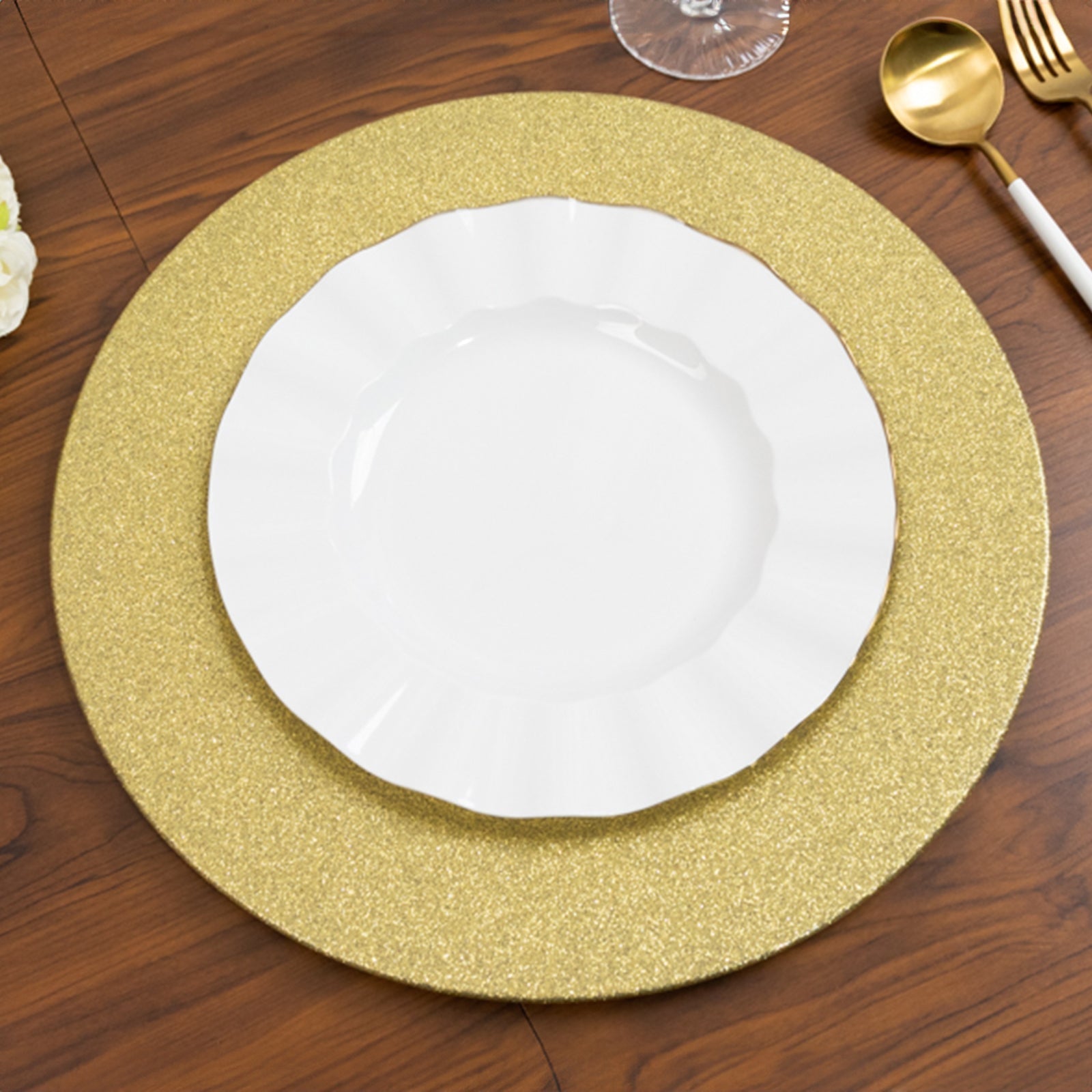 6 - Pack Acrylic Plastic Round Charger Plates 13" in Gold with Dust Free Glitter Finish, Decorative Dinner Party Charger Tableware - Linen Luxes
