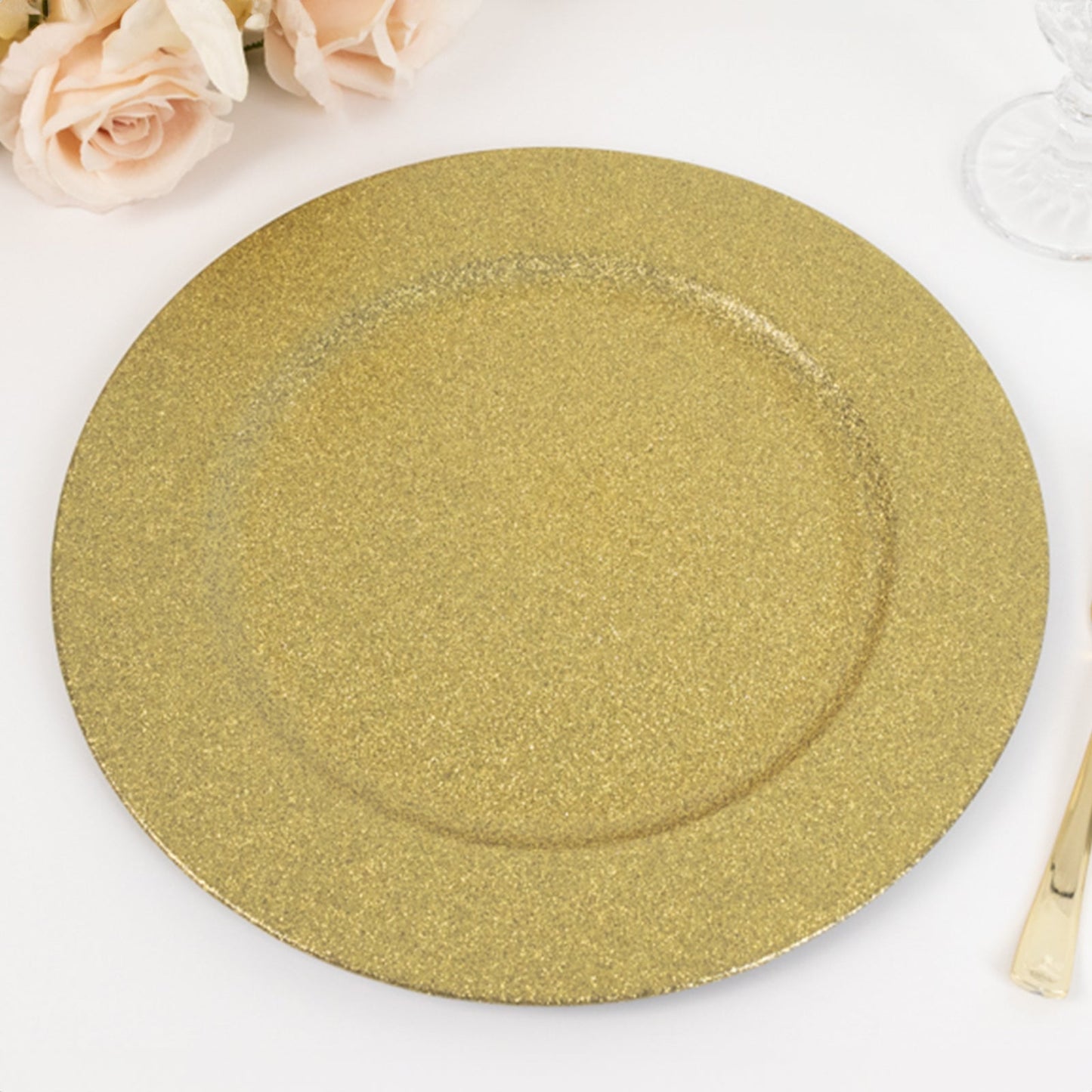 6 - Pack Acrylic Plastic Round Charger Plates 13" in Gold with Dust Free Glitter Finish, Decorative Dinner Party Charger Tableware - Linen Luxes
