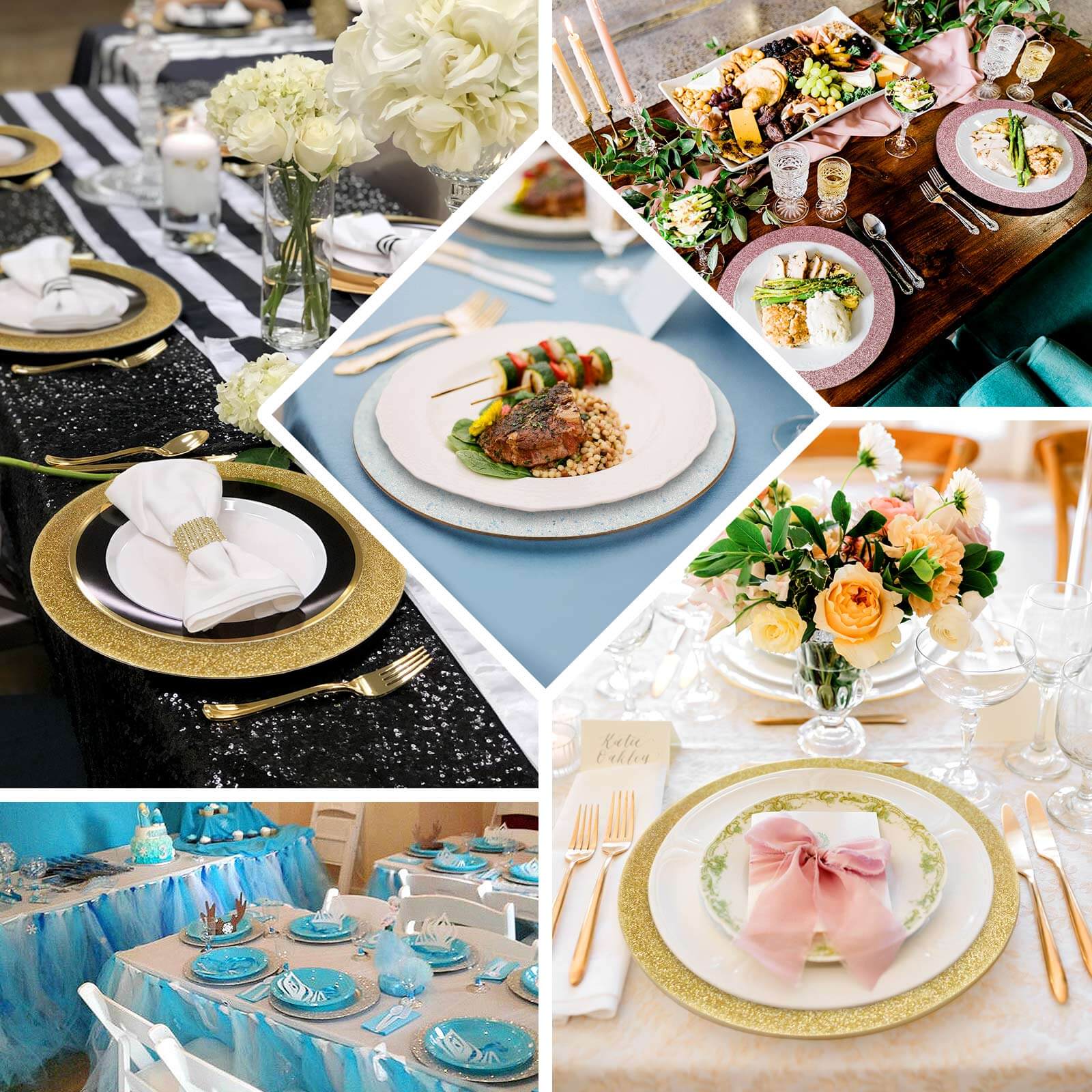 6 - Pack Acrylic Plastic Round Charger Plates 13" in Gold with Dust Free Glitter Finish, Decorative Dinner Party Charger Tableware - Linen Luxes