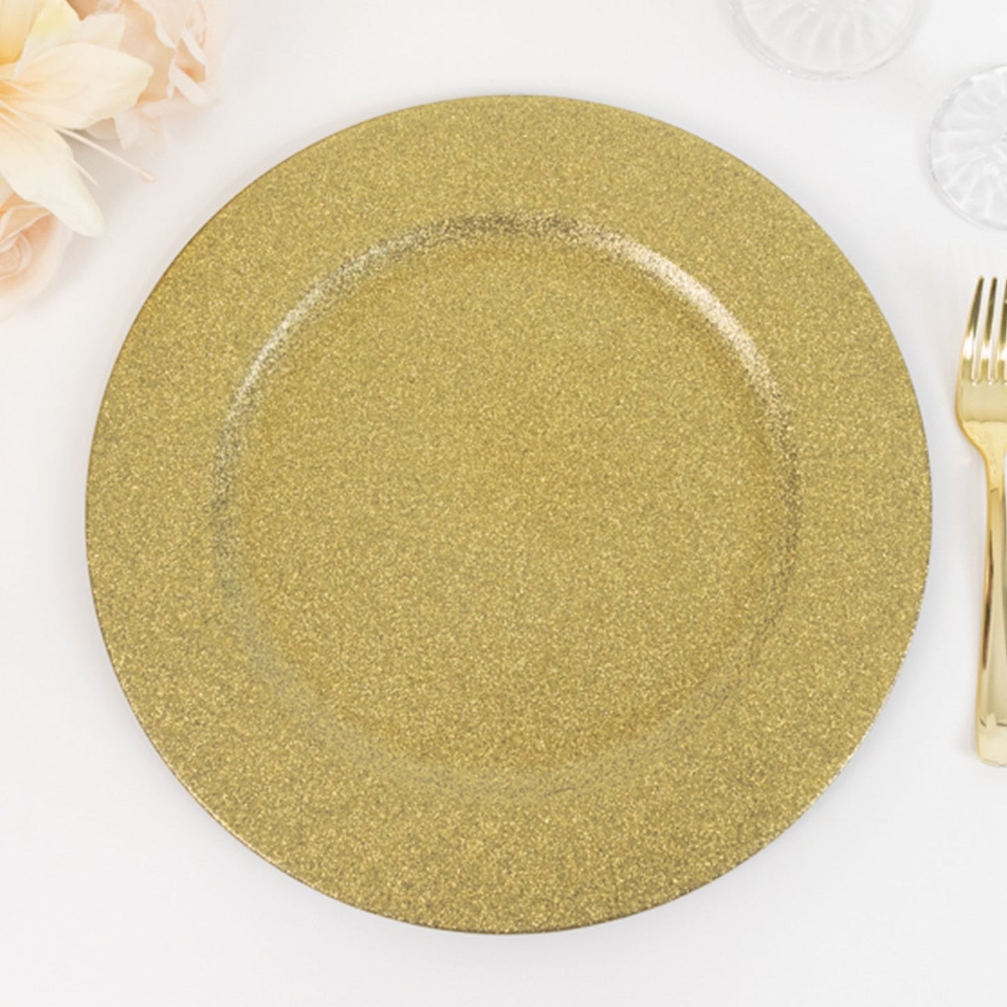 6 - Pack Acrylic Plastic Round Charger Plates 13" in Gold with Dust Free Glitter Finish, Decorative Dinner Party Charger Tableware - Linen Luxes