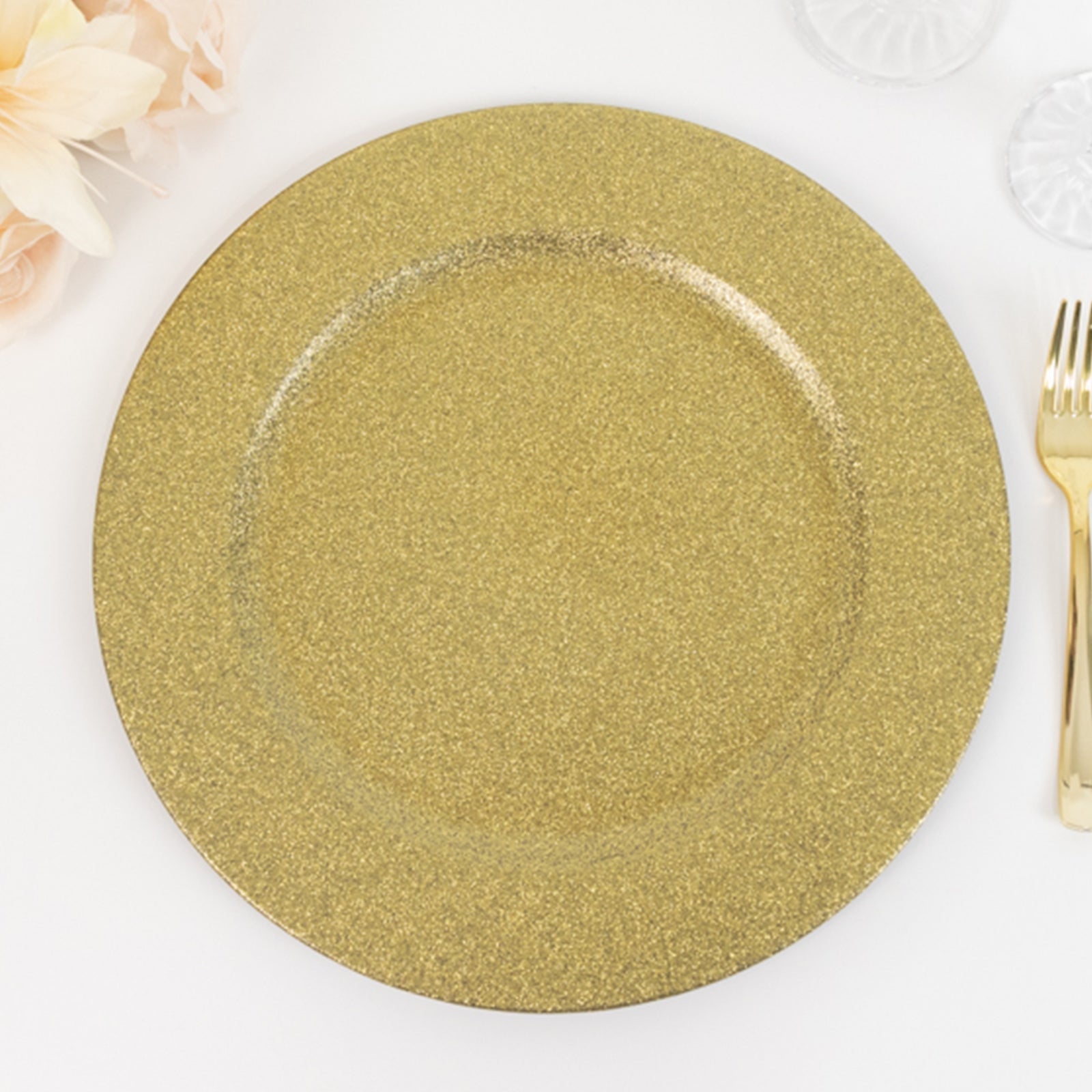 6 - Pack Acrylic Plastic Round Charger Plates 13" in Gold with Dust Free Glitter Finish, Decorative Dinner Party Charger Tableware - Linen Luxes