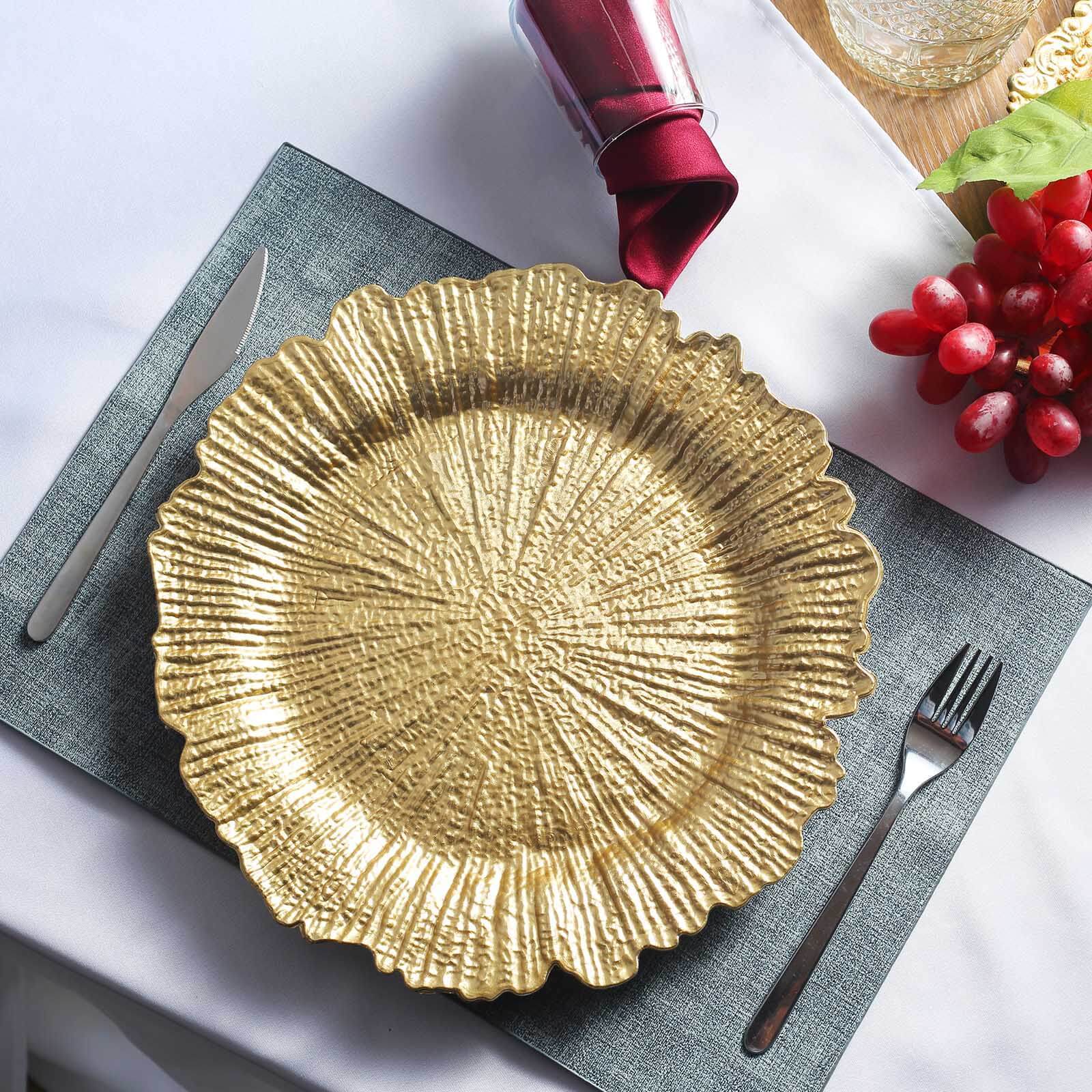 6 - Pack Acrylic Plastic Round Charger Plates 13" in Gold with Reef Design, Classy Dinner Party Charger Tableware - Linen Luxes
