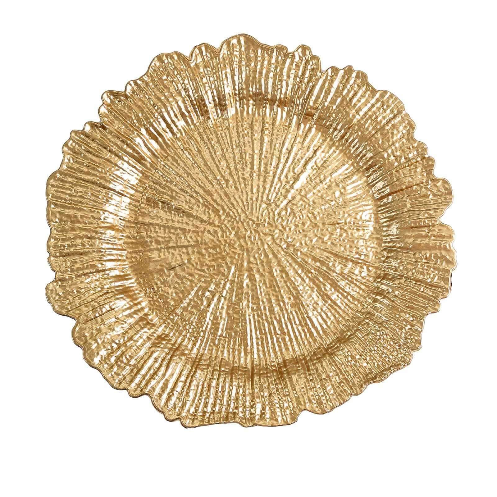 6 - Pack Acrylic Plastic Round Charger Plates 13" in Gold with Reef Design, Classy Dinner Party Charger Tableware - Linen Luxes