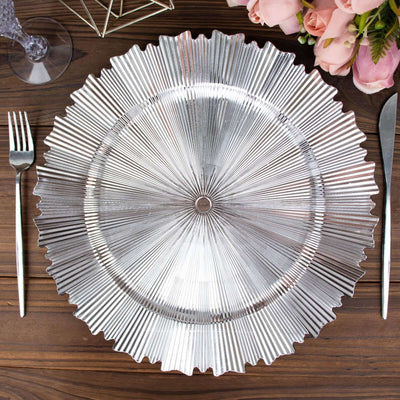 6-Pack Acrylic Plastic Round Charger Plates 13" in Metallic Silver with Sunray Scalloped Rim, Decorative Dinner Party Charger Tableware