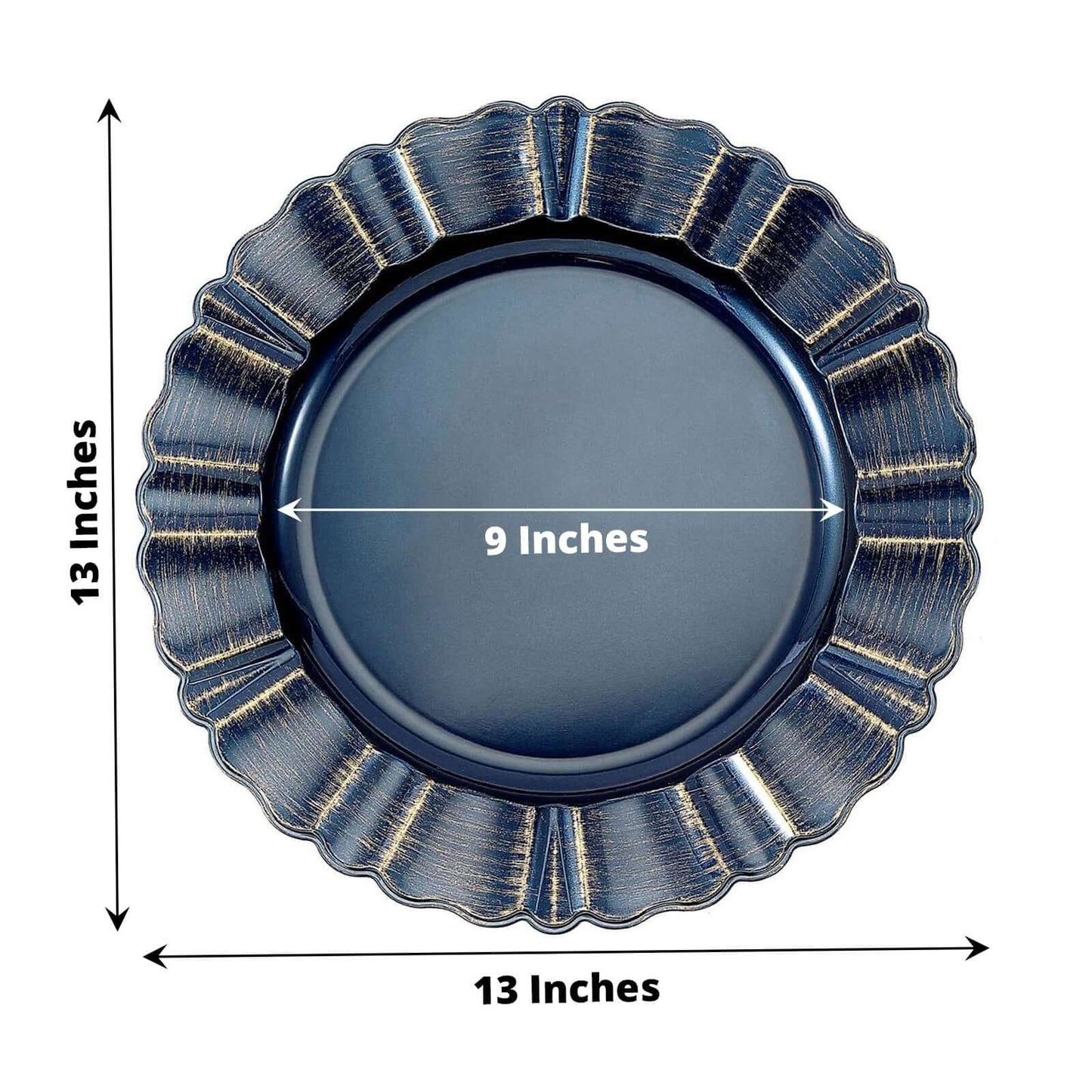 6 - Pack Acrylic Plastic Round Charger Plates 13" in Navy Blue with Gold Brushed Wavy Scalloped Rim, Decorative Dinner Party Charger Tableware - Linen Luxes