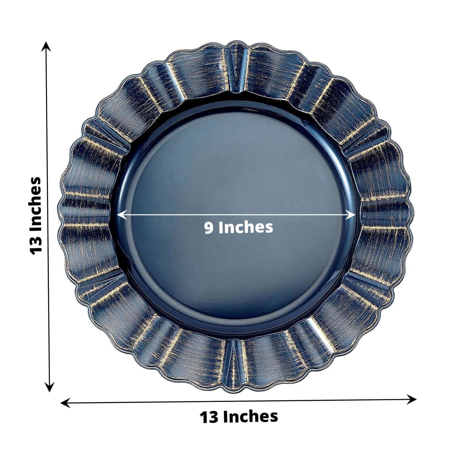 6 - Pack Acrylic Plastic Round Charger Plates 13" in Navy Blue with Gold Brushed Wavy Scalloped Rim, Decorative Dinner Party Charger Tableware - Linen Luxes
