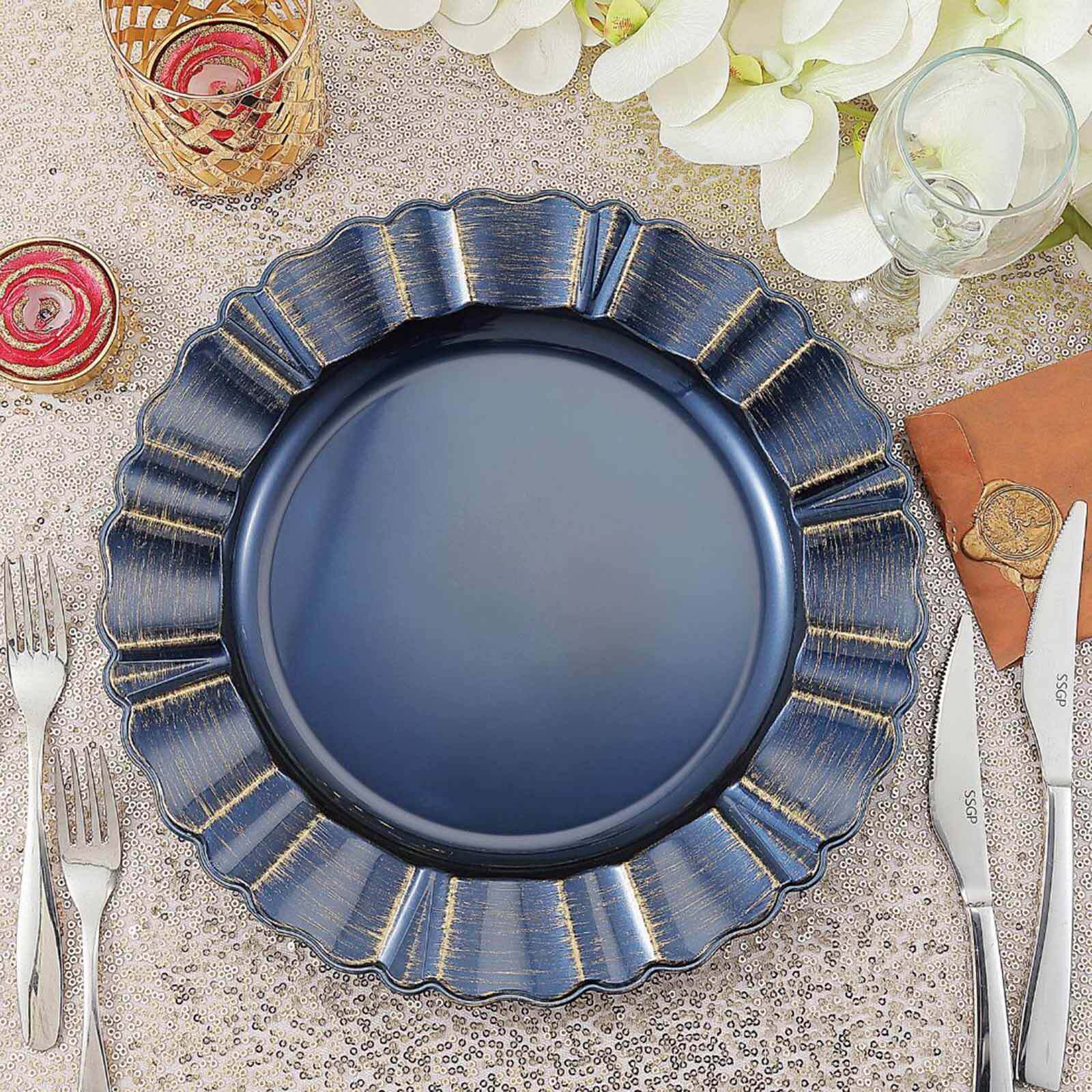 6 - Pack Acrylic Plastic Round Charger Plates 13" in Navy Blue with Gold Brushed Wavy Scalloped Rim, Decorative Dinner Party Charger Tableware - Linen Luxes