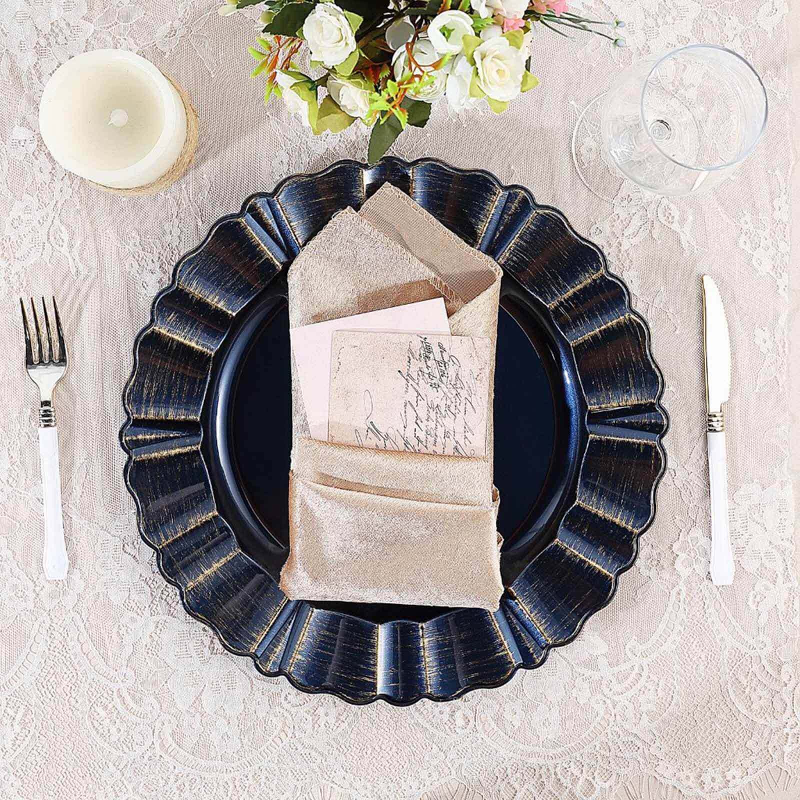 6 - Pack Acrylic Plastic Round Charger Plates 13" in Navy Blue with Gold Brushed Wavy Scalloped Rim, Decorative Dinner Party Charger Tableware - Linen Luxes