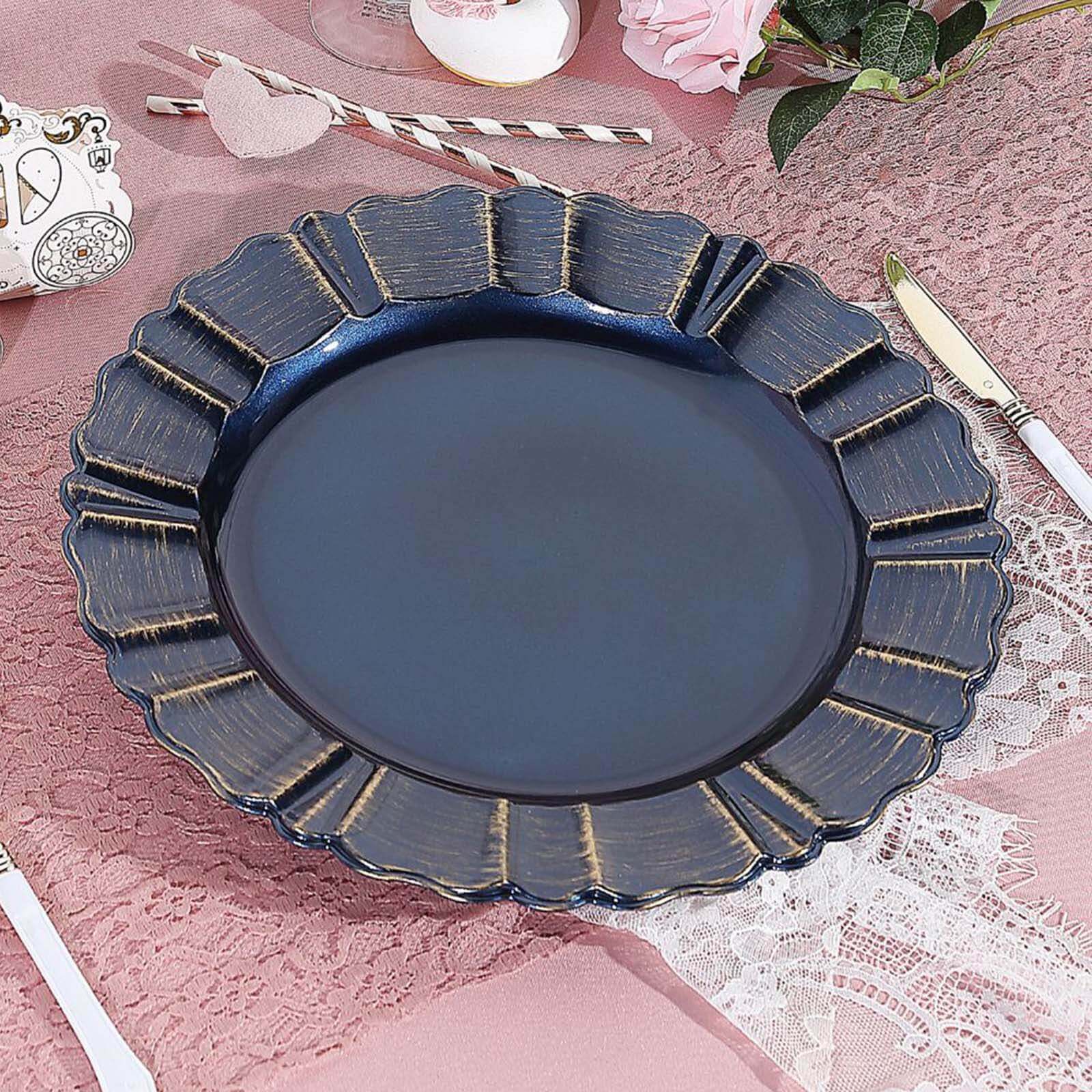 6 - Pack Acrylic Plastic Round Charger Plates 13" in Navy Blue with Gold Brushed Wavy Scalloped Rim, Decorative Dinner Party Charger Tableware - Linen Luxes