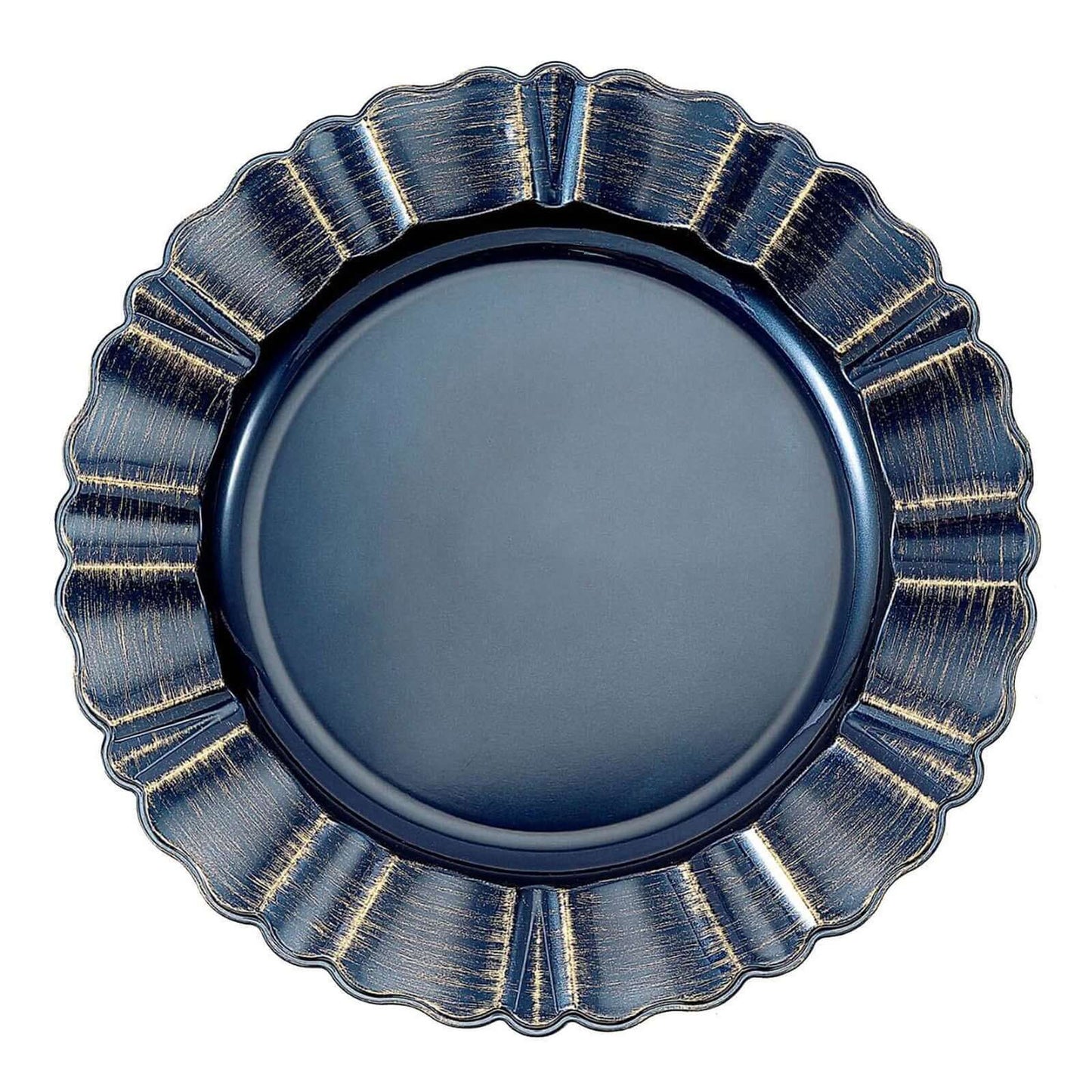 6 - Pack Acrylic Plastic Round Charger Plates 13" in Navy Blue with Gold Brushed Wavy Scalloped Rim, Decorative Dinner Party Charger Tableware - Linen Luxes