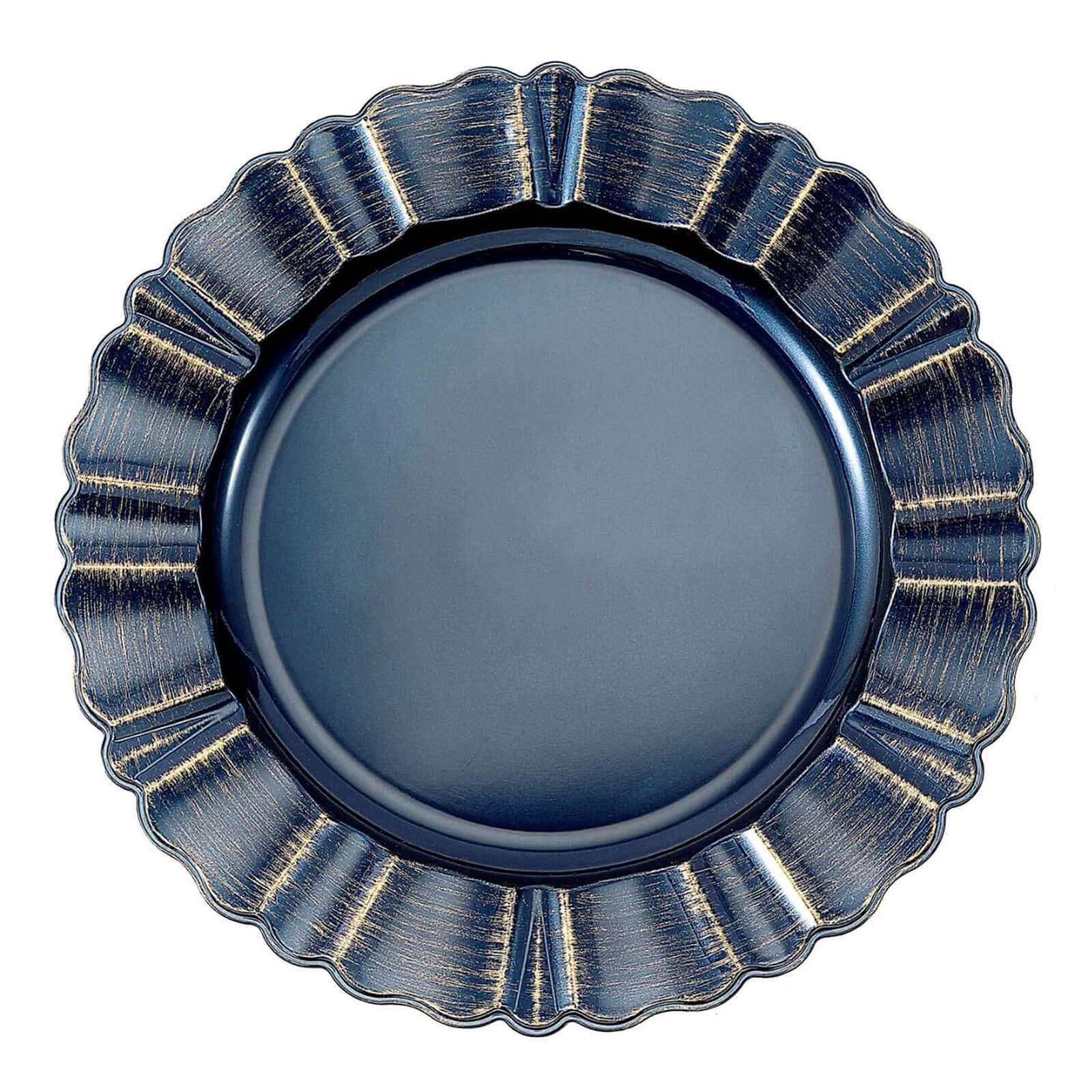 6 - Pack Acrylic Plastic Round Charger Plates 13" in Navy Blue with Gold Brushed Wavy Scalloped Rim, Decorative Dinner Party Charger Tableware - Linen Luxes
