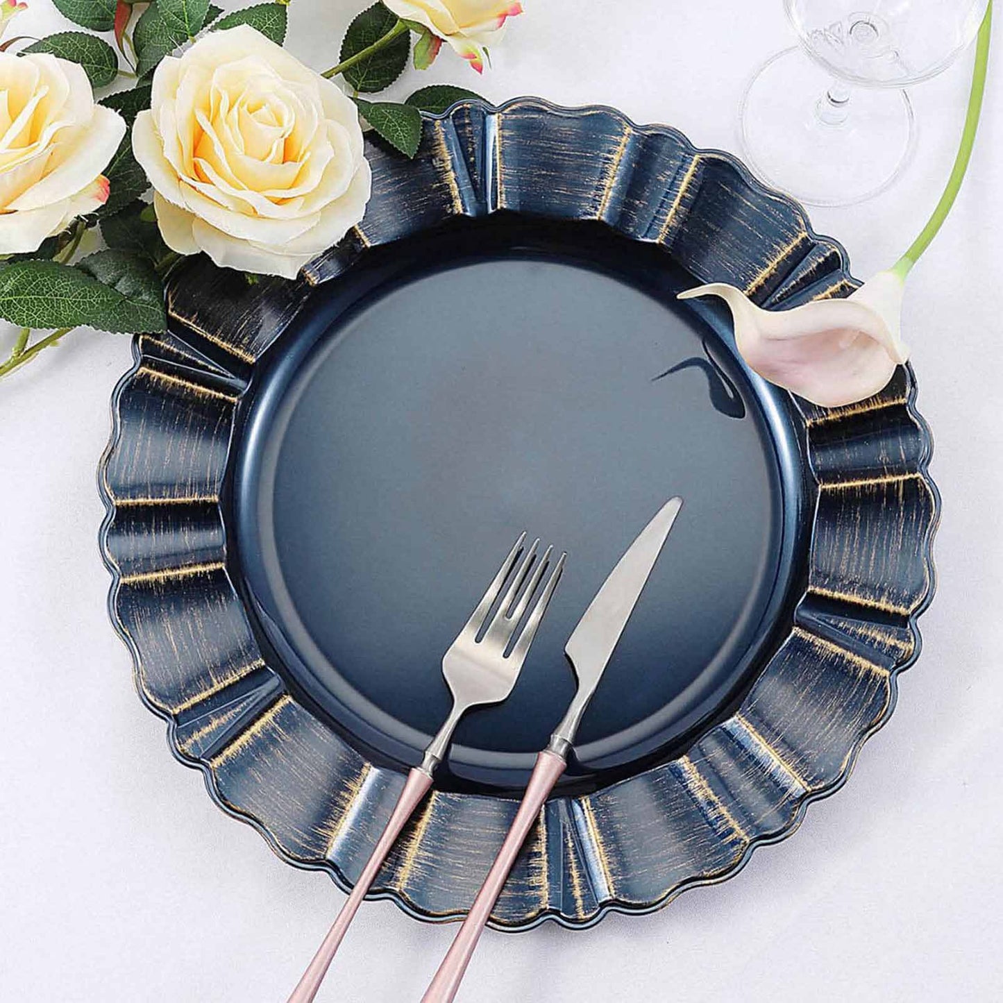 6 - Pack Acrylic Plastic Round Charger Plates 13" in Navy Blue with Gold Brushed Wavy Scalloped Rim, Decorative Dinner Party Charger Tableware - Linen Luxes