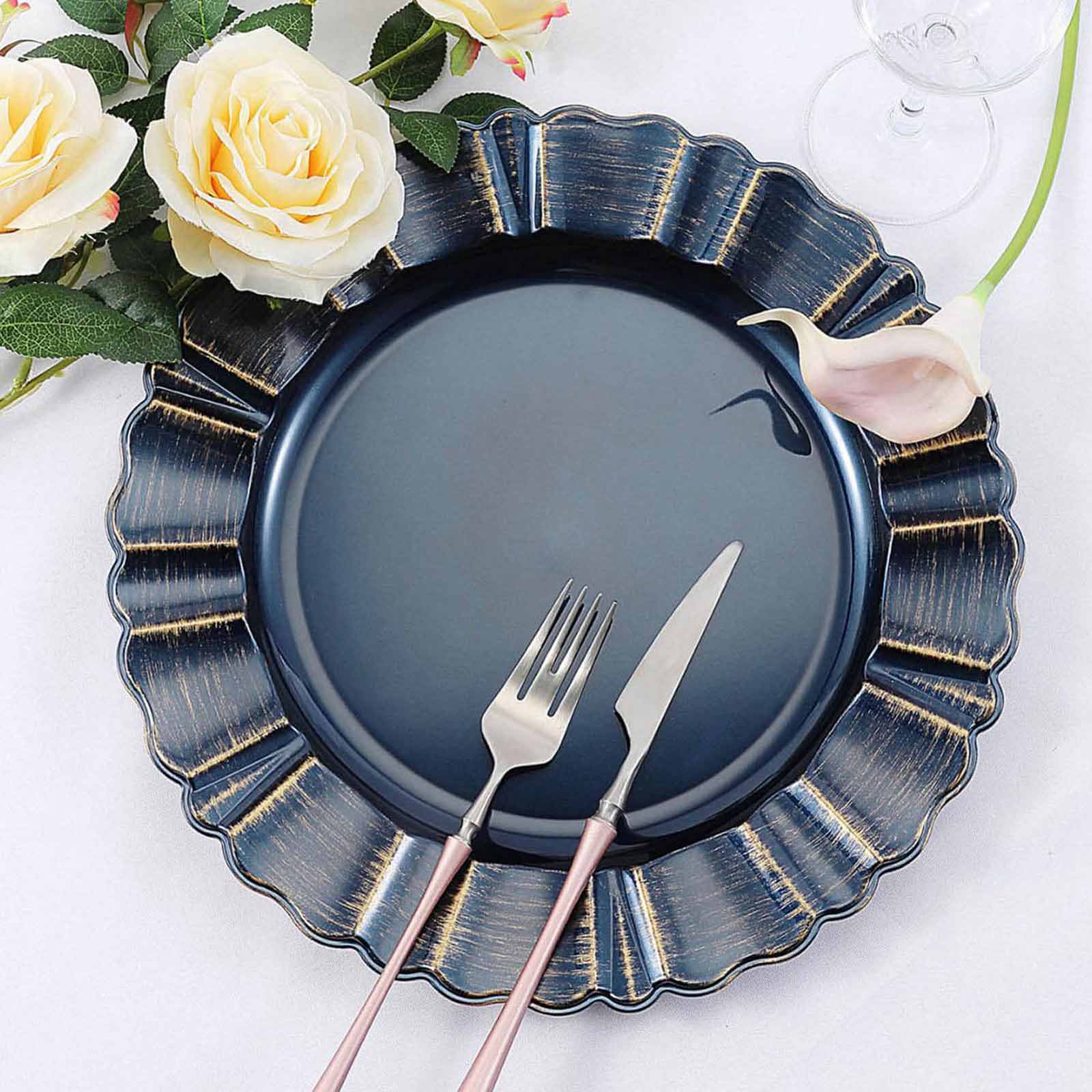 6 - Pack Acrylic Plastic Round Charger Plates 13" in Navy Blue with Gold Brushed Wavy Scalloped Rim, Decorative Dinner Party Charger Tableware - Linen Luxes