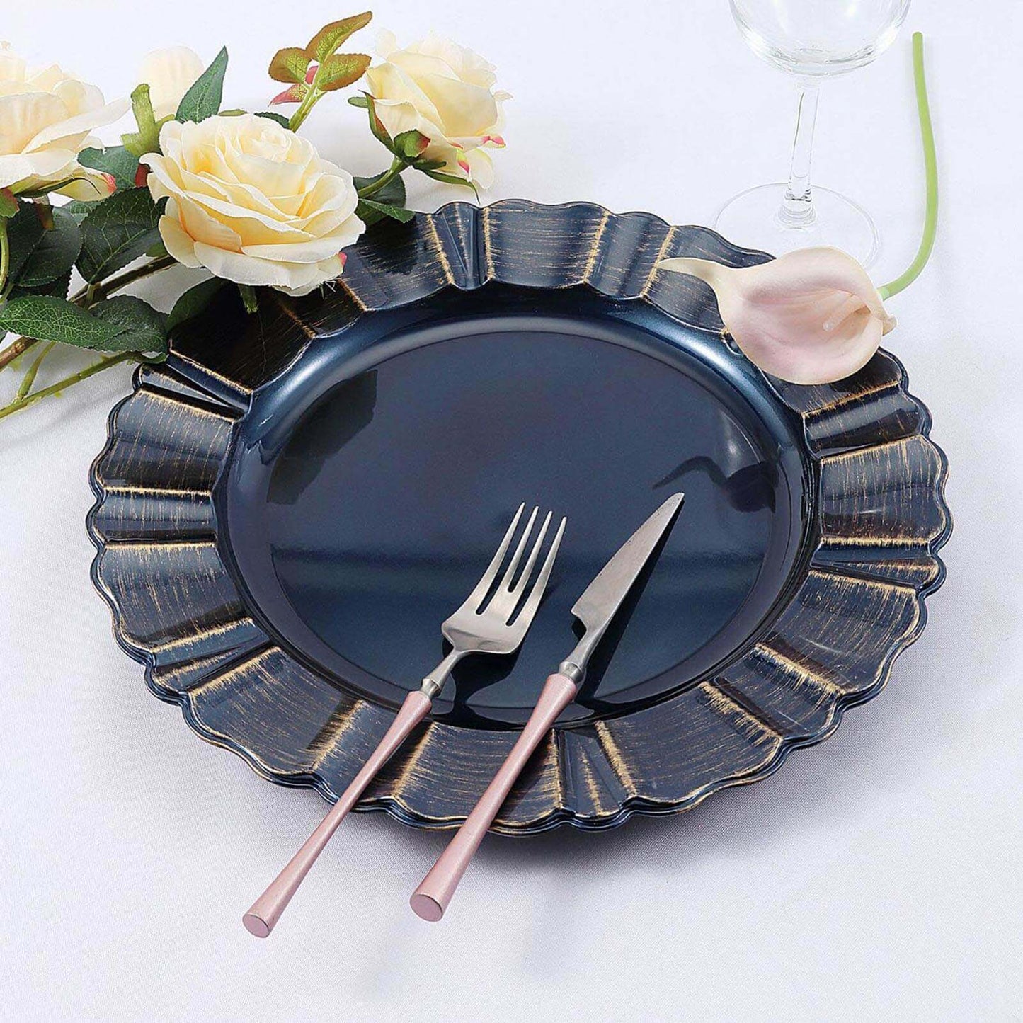 6 - Pack Acrylic Plastic Round Charger Plates 13" in Navy Blue with Gold Brushed Wavy Scalloped Rim, Decorative Dinner Party Charger Tableware - Linen Luxes