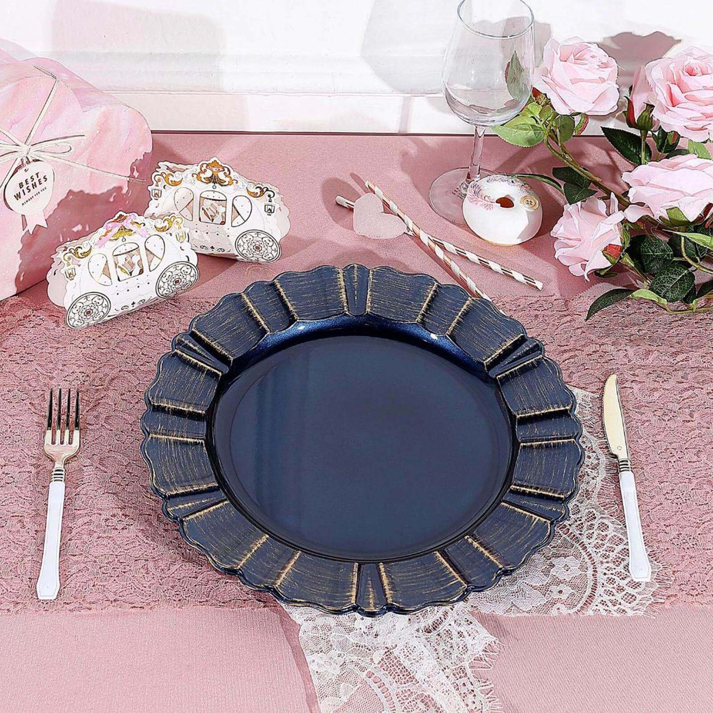 6 - Pack Acrylic Plastic Round Charger Plates 13" in Navy Blue with Gold Brushed Wavy Scalloped Rim, Decorative Dinner Party Charger Tableware - Linen Luxes