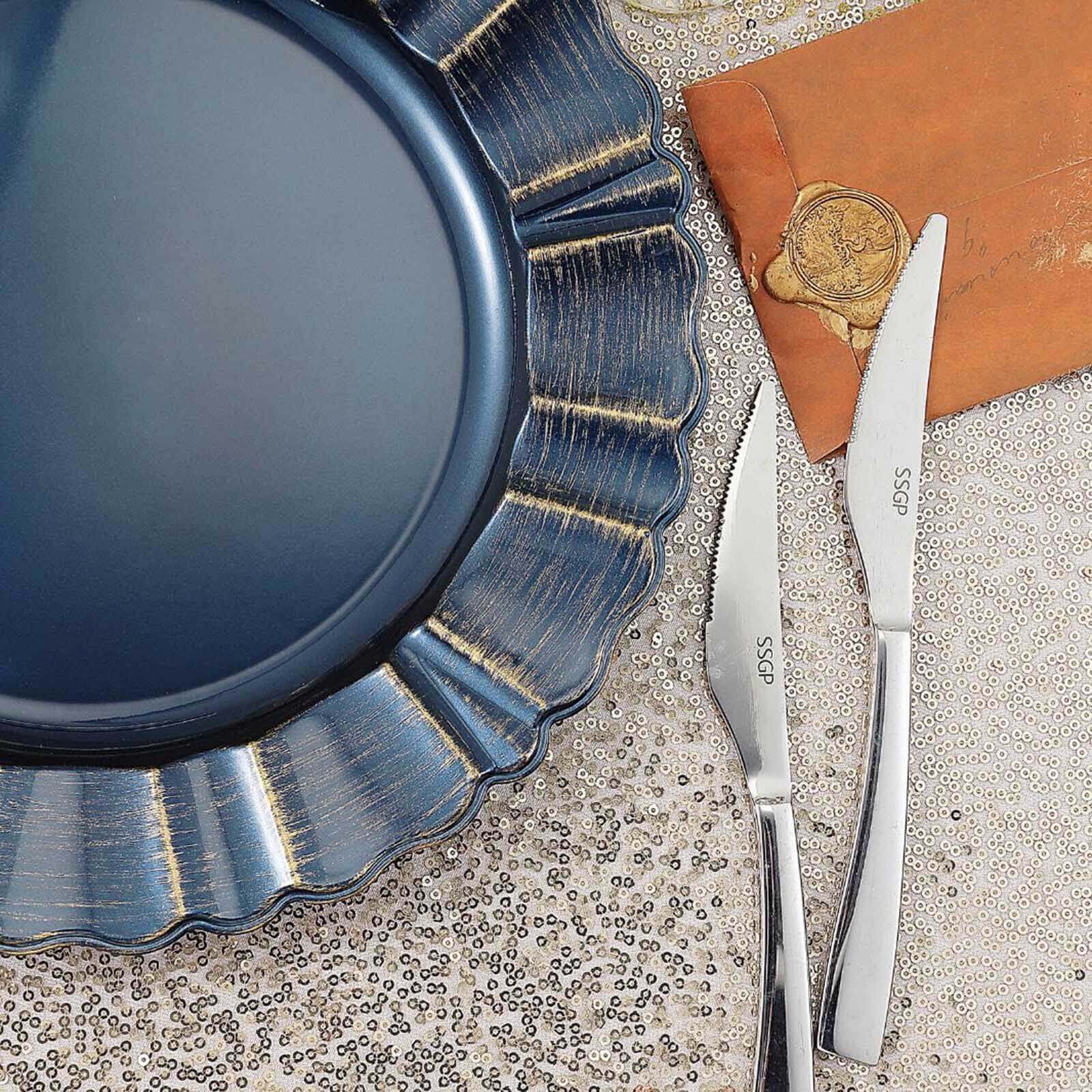 6 - Pack Acrylic Plastic Round Charger Plates 13" in Navy Blue with Gold Brushed Wavy Scalloped Rim, Decorative Dinner Party Charger Tableware - Linen Luxes