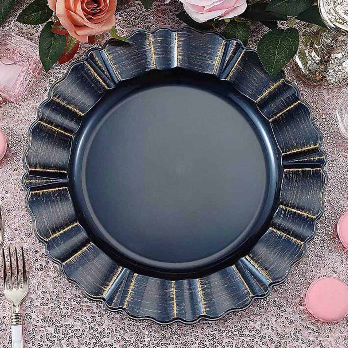 6 - Pack Acrylic Plastic Round Charger Plates 13" in Navy Blue with Gold Brushed Wavy Scalloped Rim, Decorative Dinner Party Charger Tableware - Linen Luxes