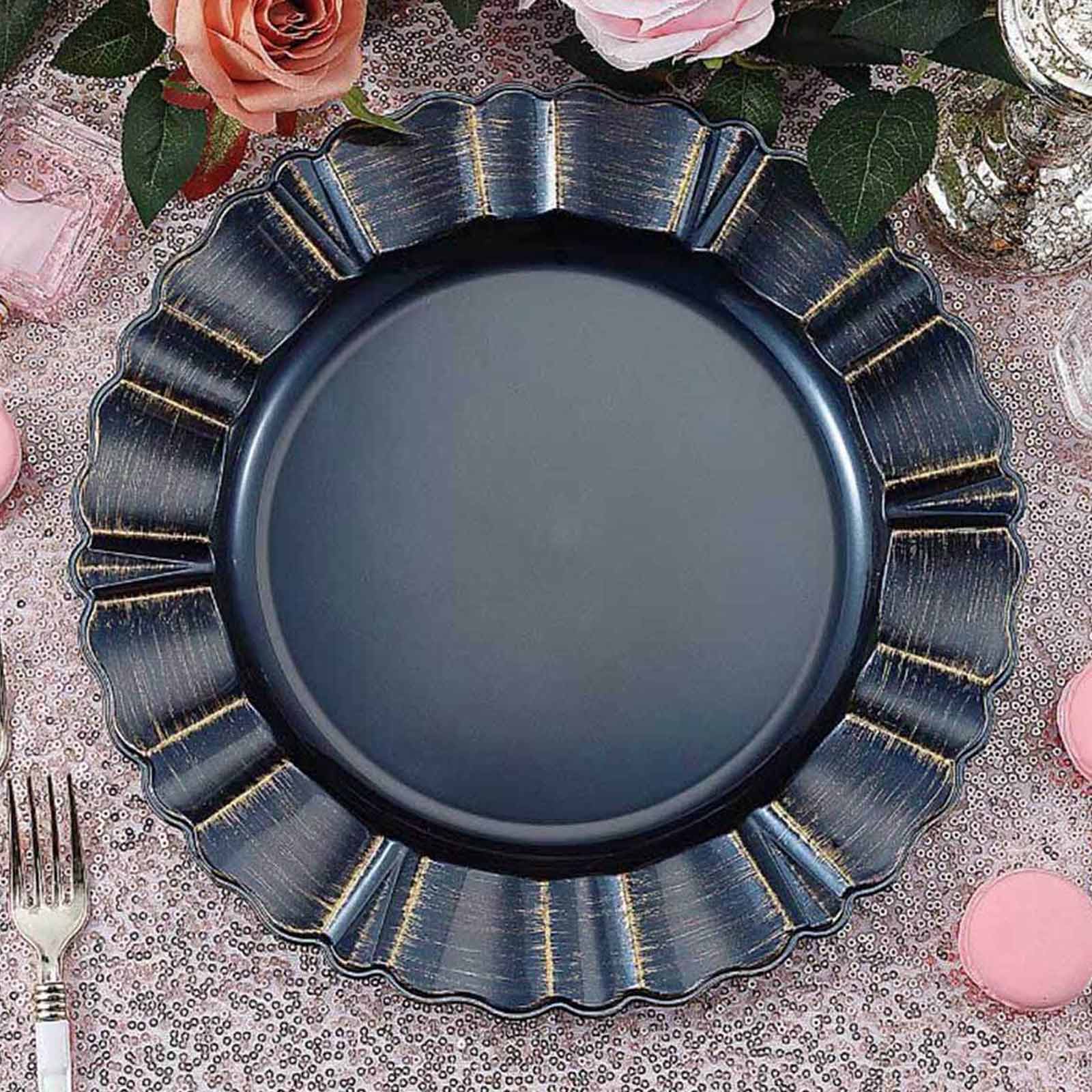 6 - Pack Acrylic Plastic Round Charger Plates 13" in Navy Blue with Gold Brushed Wavy Scalloped Rim, Decorative Dinner Party Charger Tableware - Linen Luxes