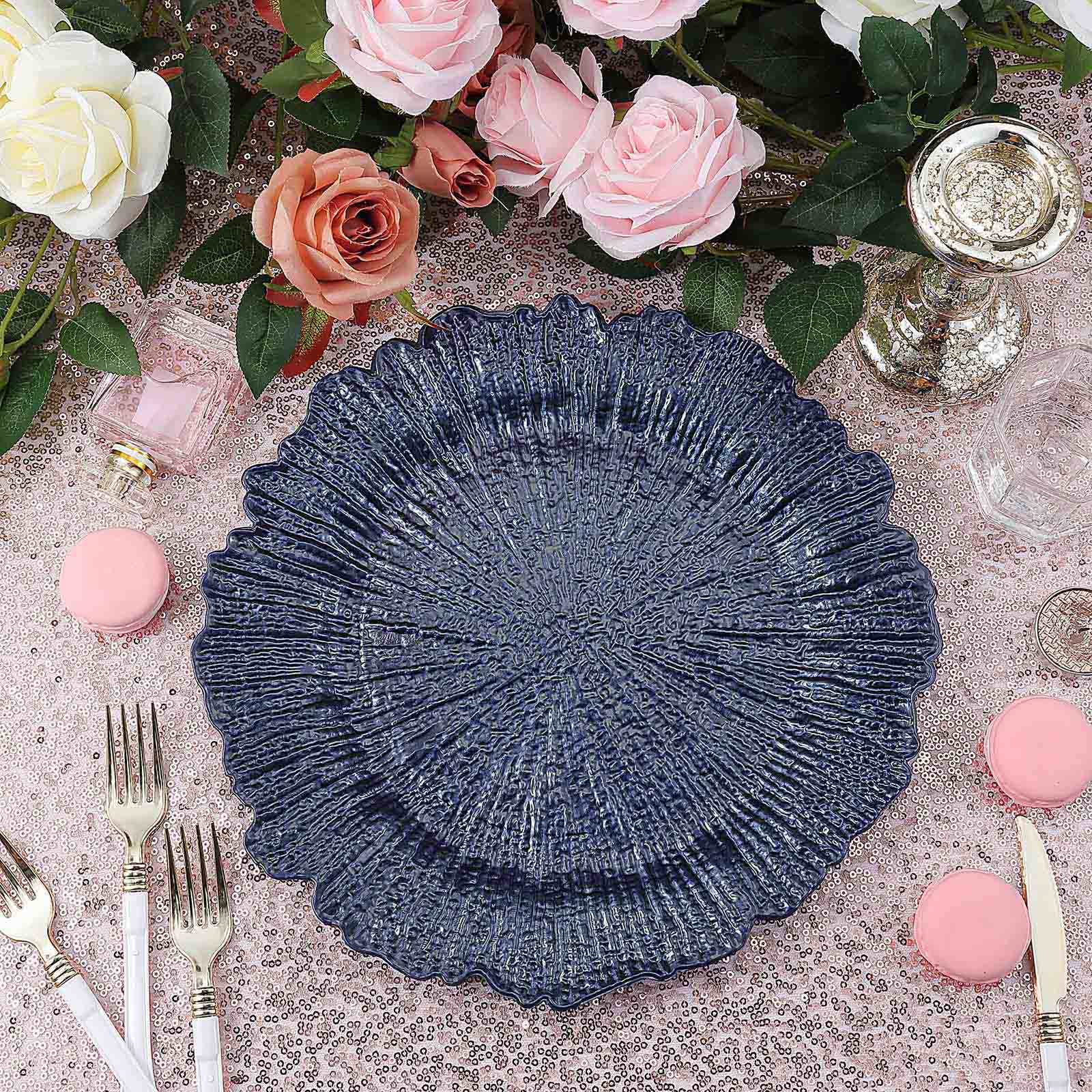 6 - Pack Acrylic Plastic Round Charger Plates 13" in Navy Blue with Reef Design, Dinner Charger Tableware - Linen Luxes