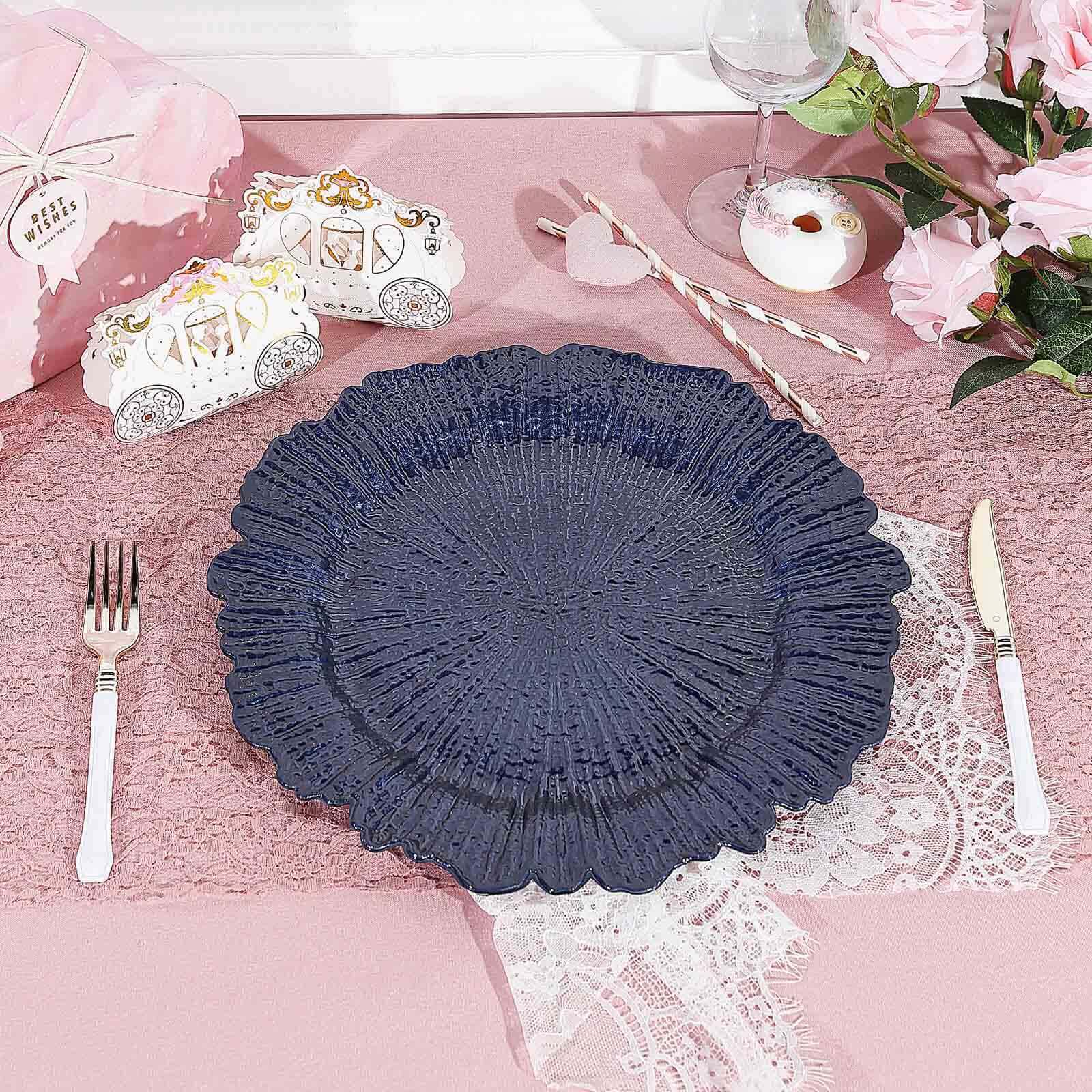 6 - Pack Acrylic Plastic Round Charger Plates 13" in Navy Blue with Reef Design, Dinner Charger Tableware - Linen Luxes