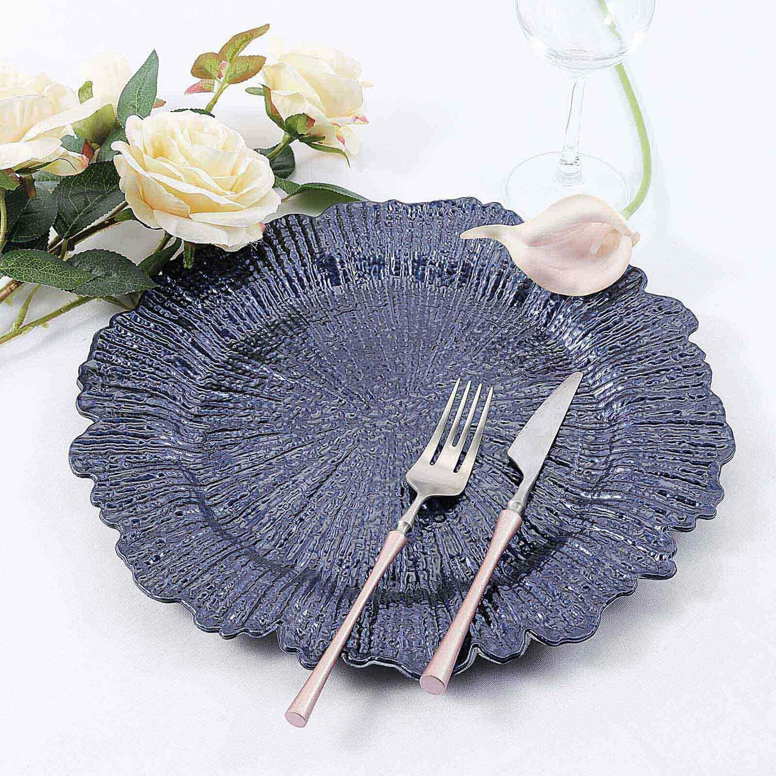 6 - Pack Acrylic Plastic Round Charger Plates 13" in Navy Blue with Reef Design, Dinner Charger Tableware - Linen Luxes