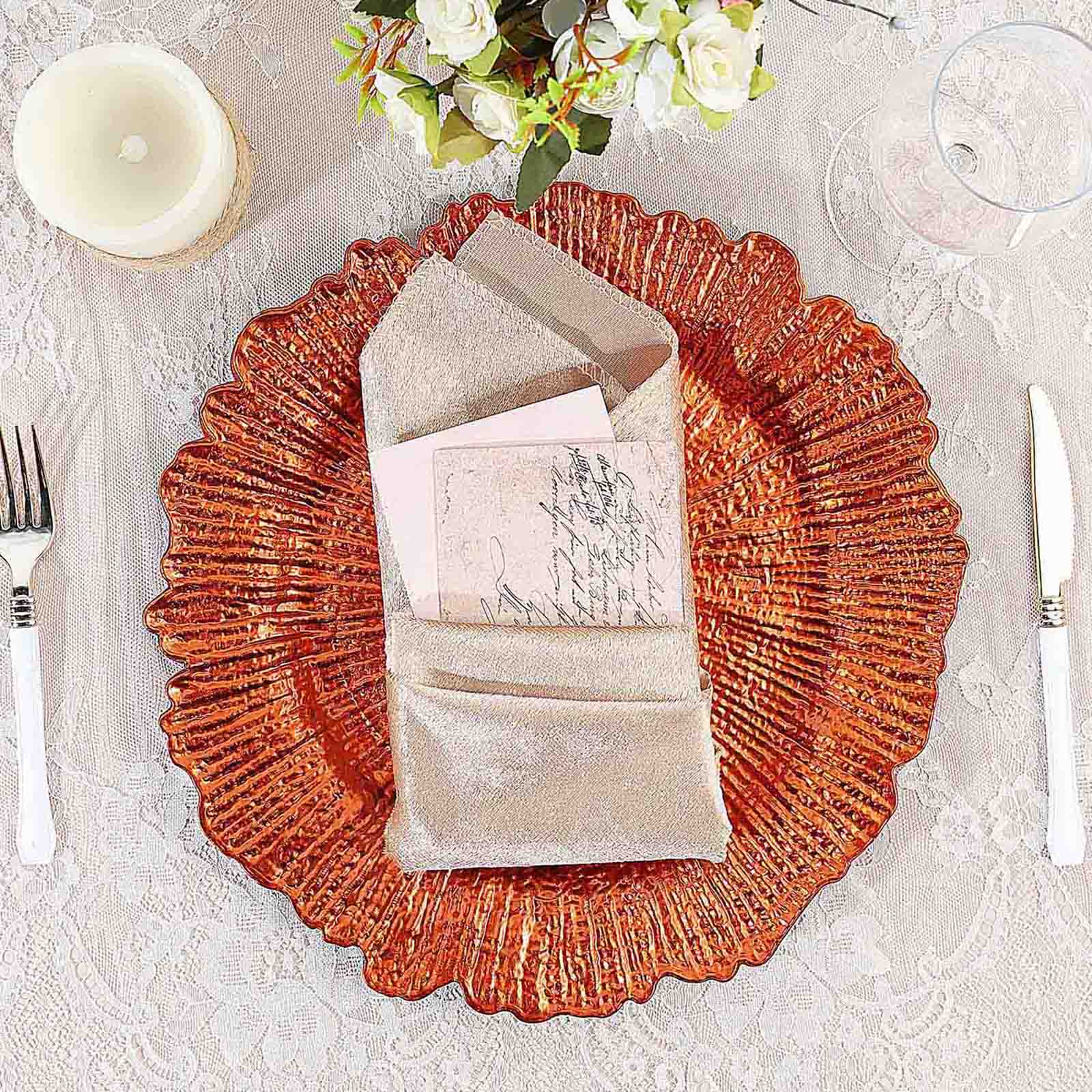 6 - Pack Acrylic Plastic Round Charger Plates 13" in Orange with Reef Design, Dinner Charger Tableware - Linen Luxes