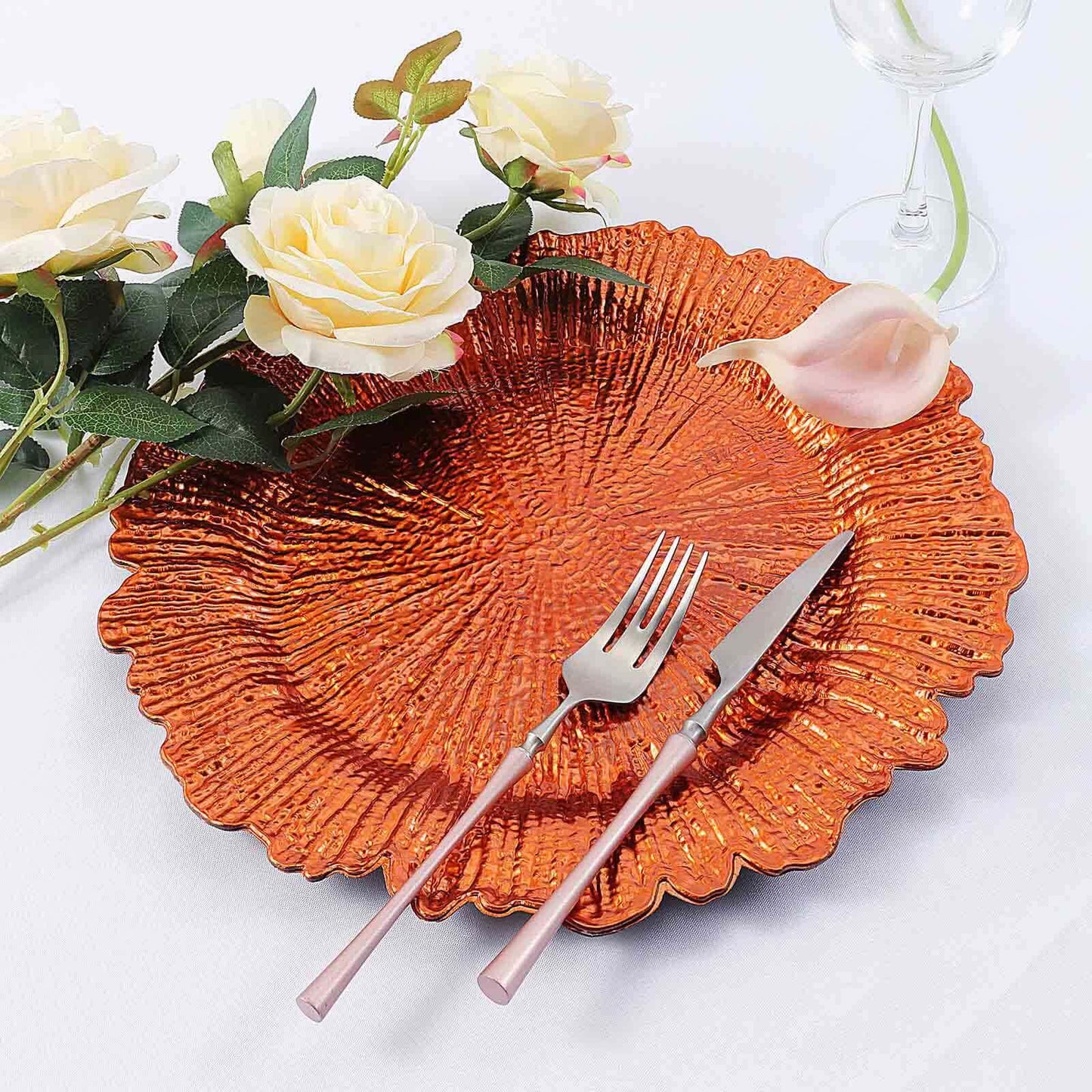 6 - Pack Acrylic Plastic Round Charger Plates 13" in Orange with Reef Design, Dinner Charger Tableware - Linen Luxes
