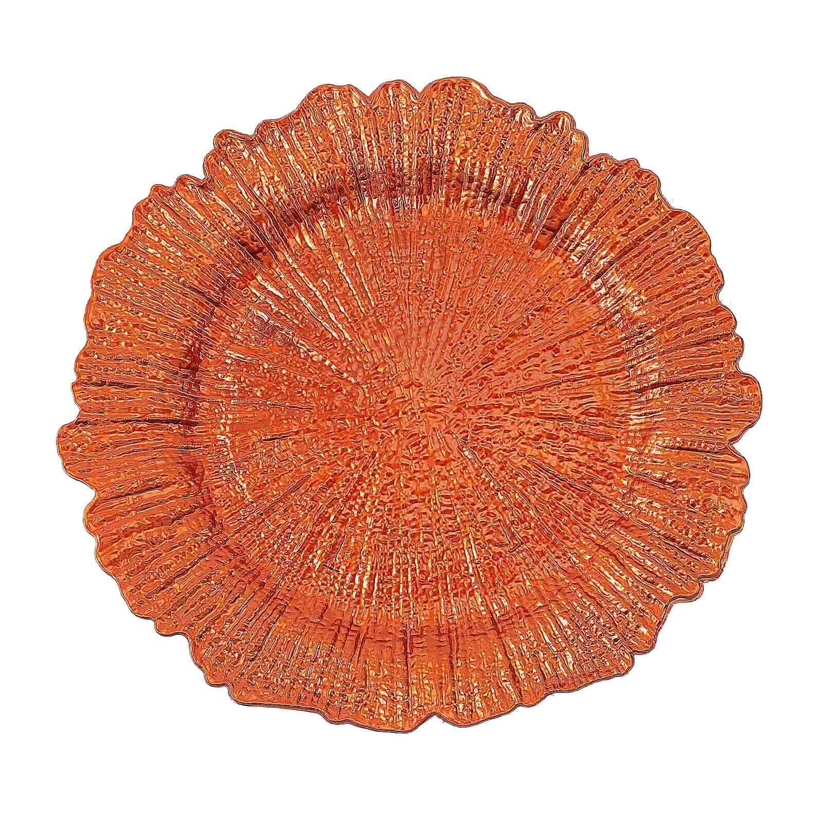 6 - Pack Acrylic Plastic Round Charger Plates 13" in Orange with Reef Design, Dinner Charger Tableware - Linen Luxes