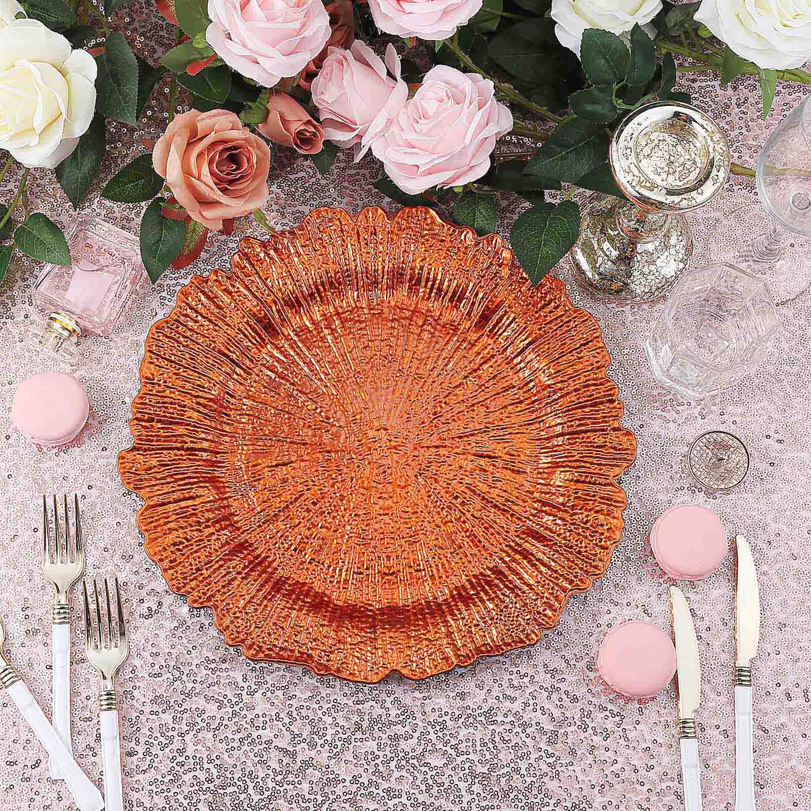6 - Pack Acrylic Plastic Round Charger Plates 13" in Orange with Reef Design, Dinner Charger Tableware - Linen Luxes