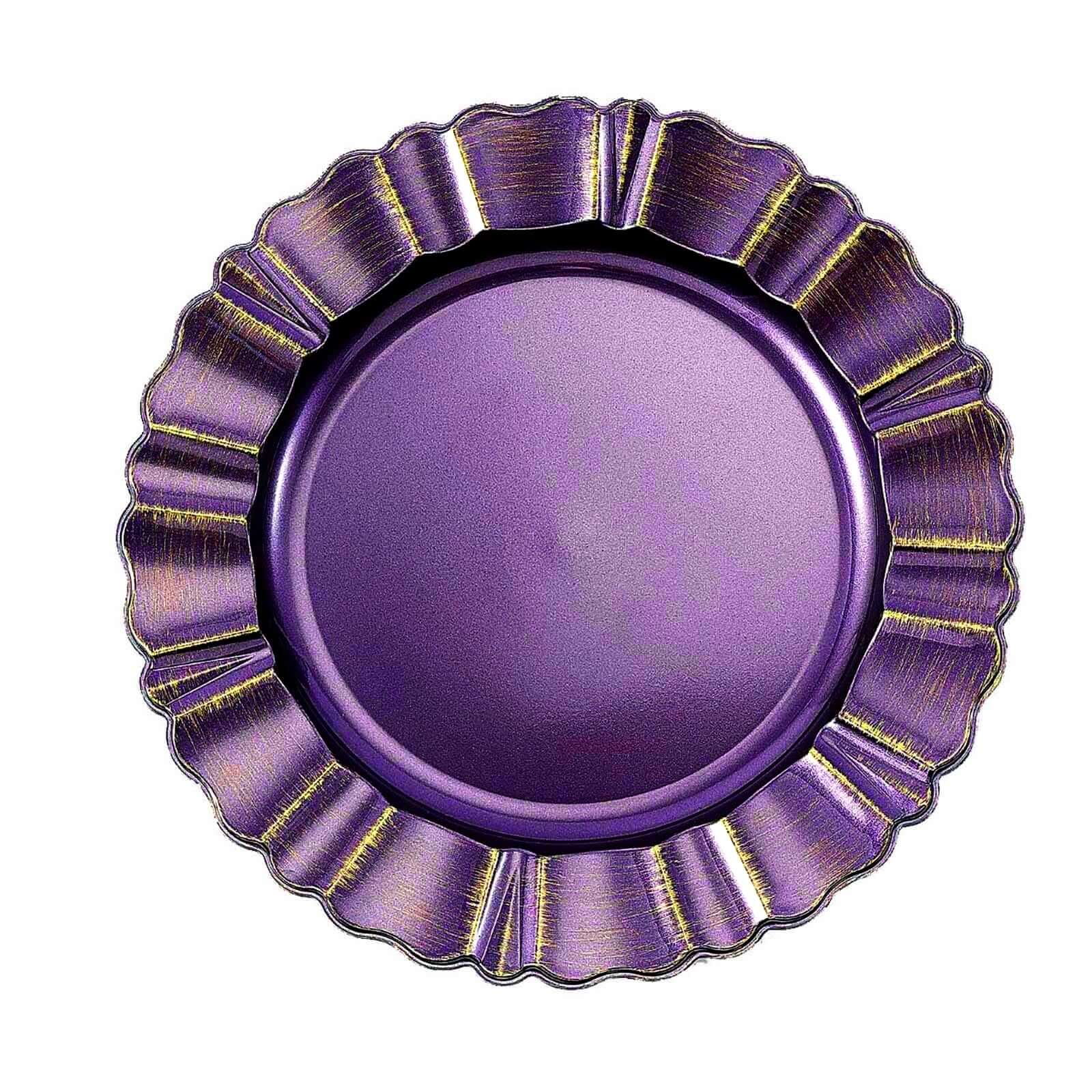 6 - Pack Acrylic Plastic Round Charger Plates 13" in Purple with Gold Brushed Wavy Scalloped Rim, Decorative Dinner Party Charger Tableware - Linen Luxes