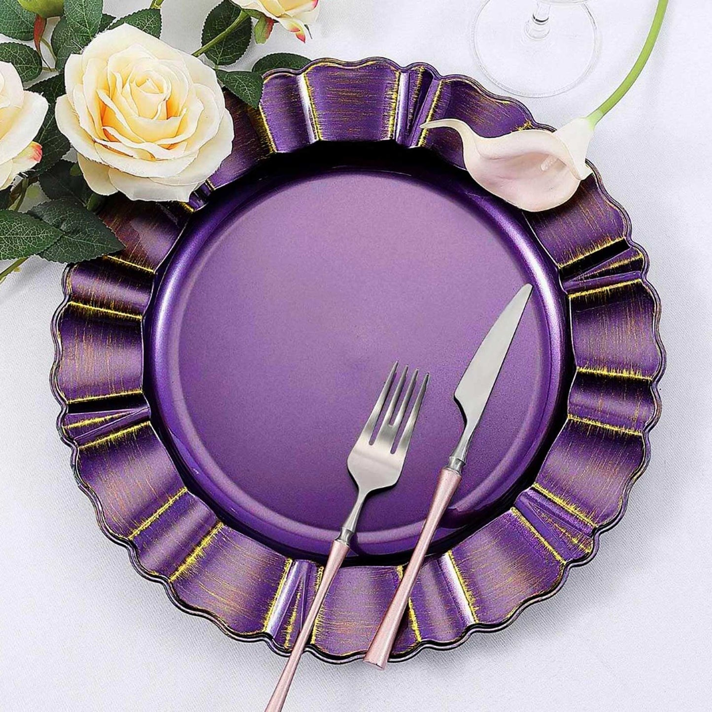 6 - Pack Acrylic Plastic Round Charger Plates 13" in Purple with Gold Brushed Wavy Scalloped Rim, Decorative Dinner Party Charger Tableware - Linen Luxes