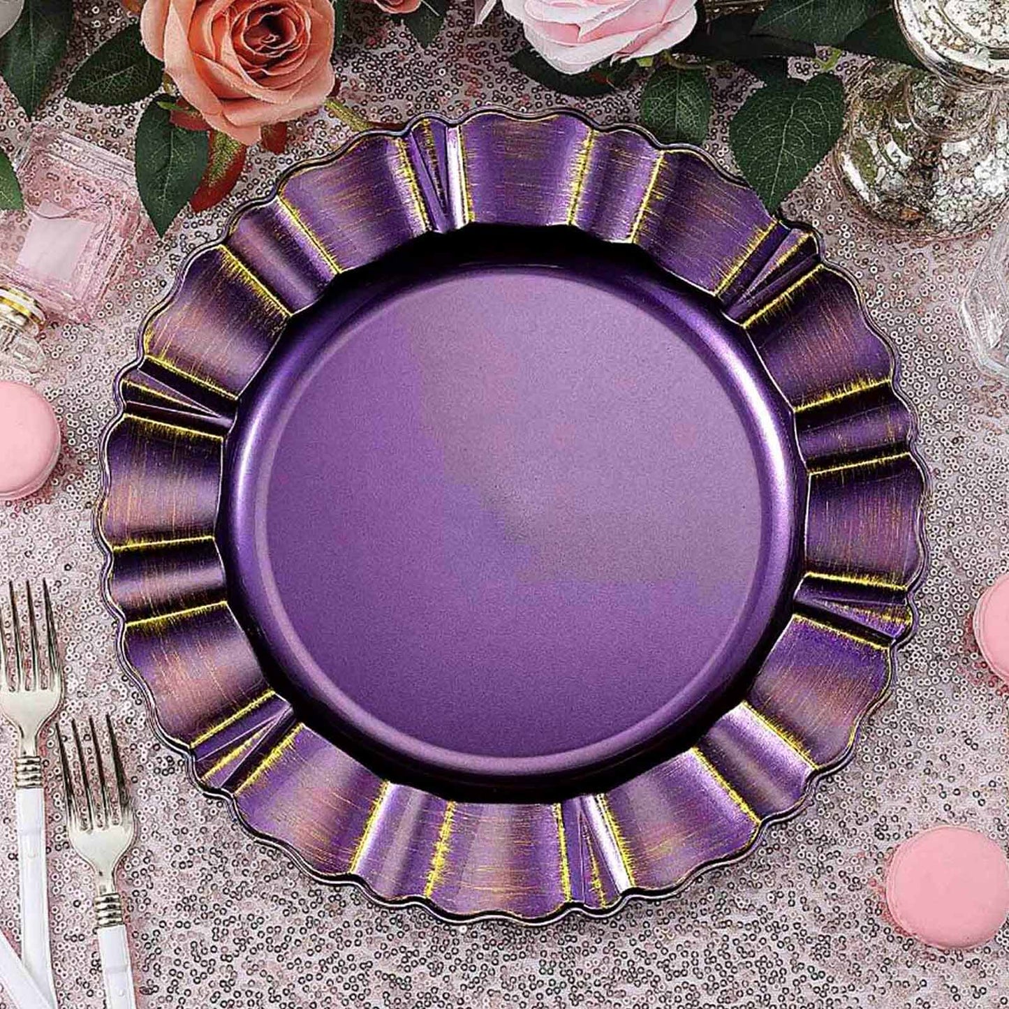 6 - Pack Acrylic Plastic Round Charger Plates 13" in Purple with Gold Brushed Wavy Scalloped Rim, Decorative Dinner Party Charger Tableware - Linen Luxes