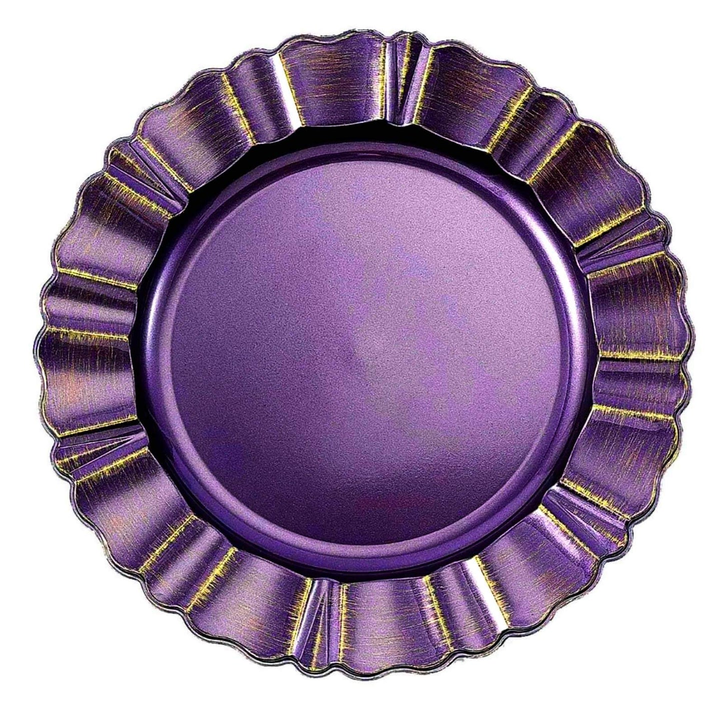 6 - Pack Acrylic Plastic Round Charger Plates 13" in Purple with Gold Brushed Wavy Scalloped Rim, Decorative Dinner Party Charger Tableware - Linen Luxes